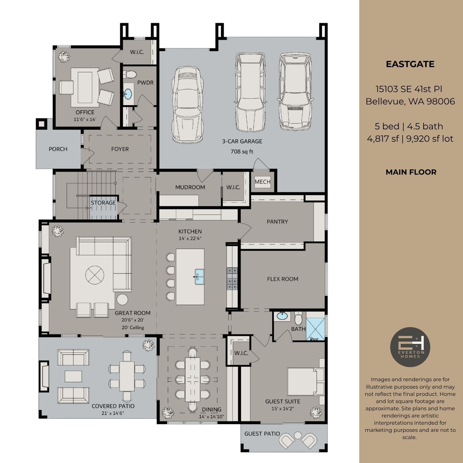 Residential floor plan with garage, kitchen, living room, dining area, bedrooms, and bathrooms.