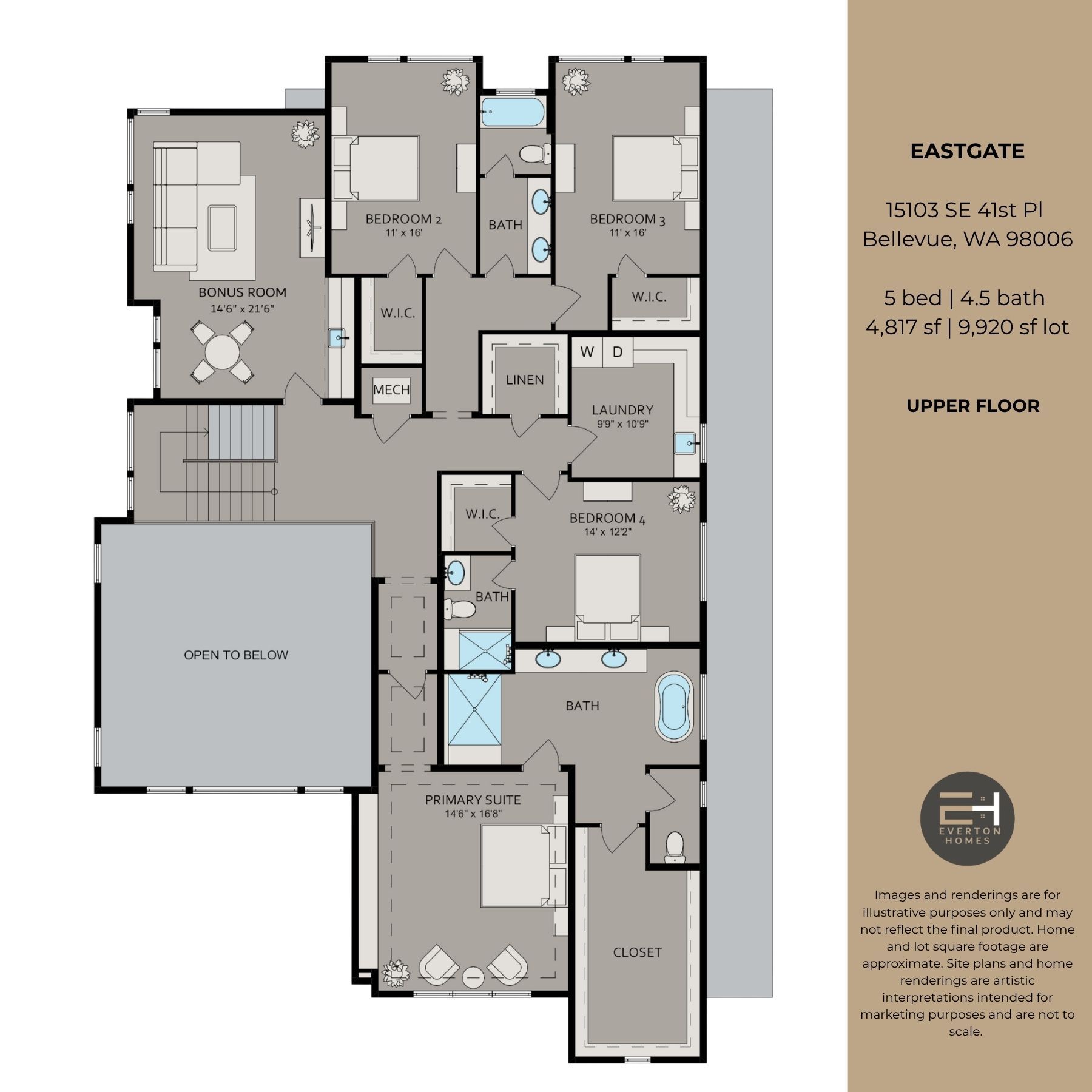 Floor plan of a beige-and-gray apartment with labeled rooms and patio areas.