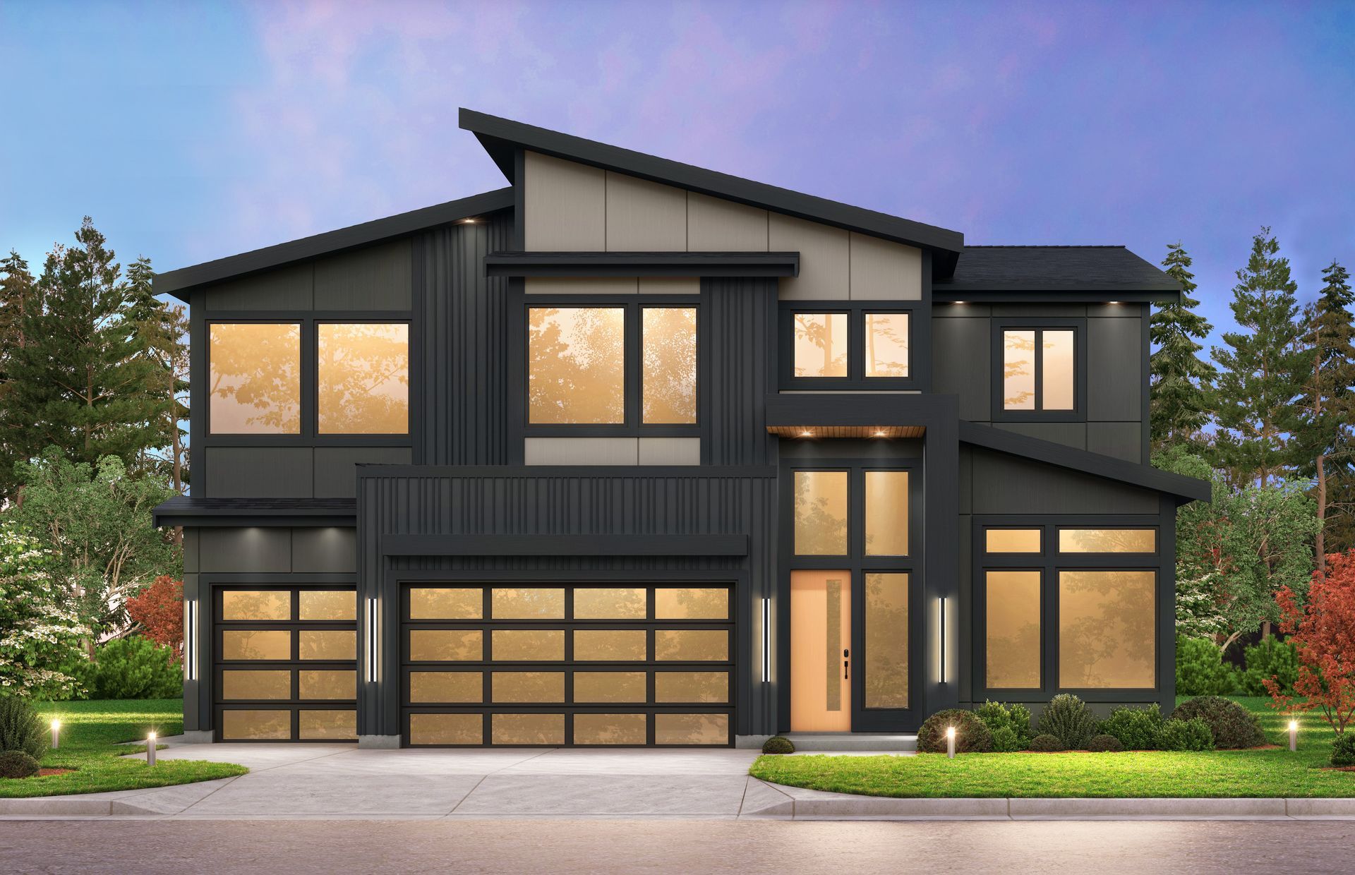 Modern two-story black house with large windows and a three-car garage at dusk