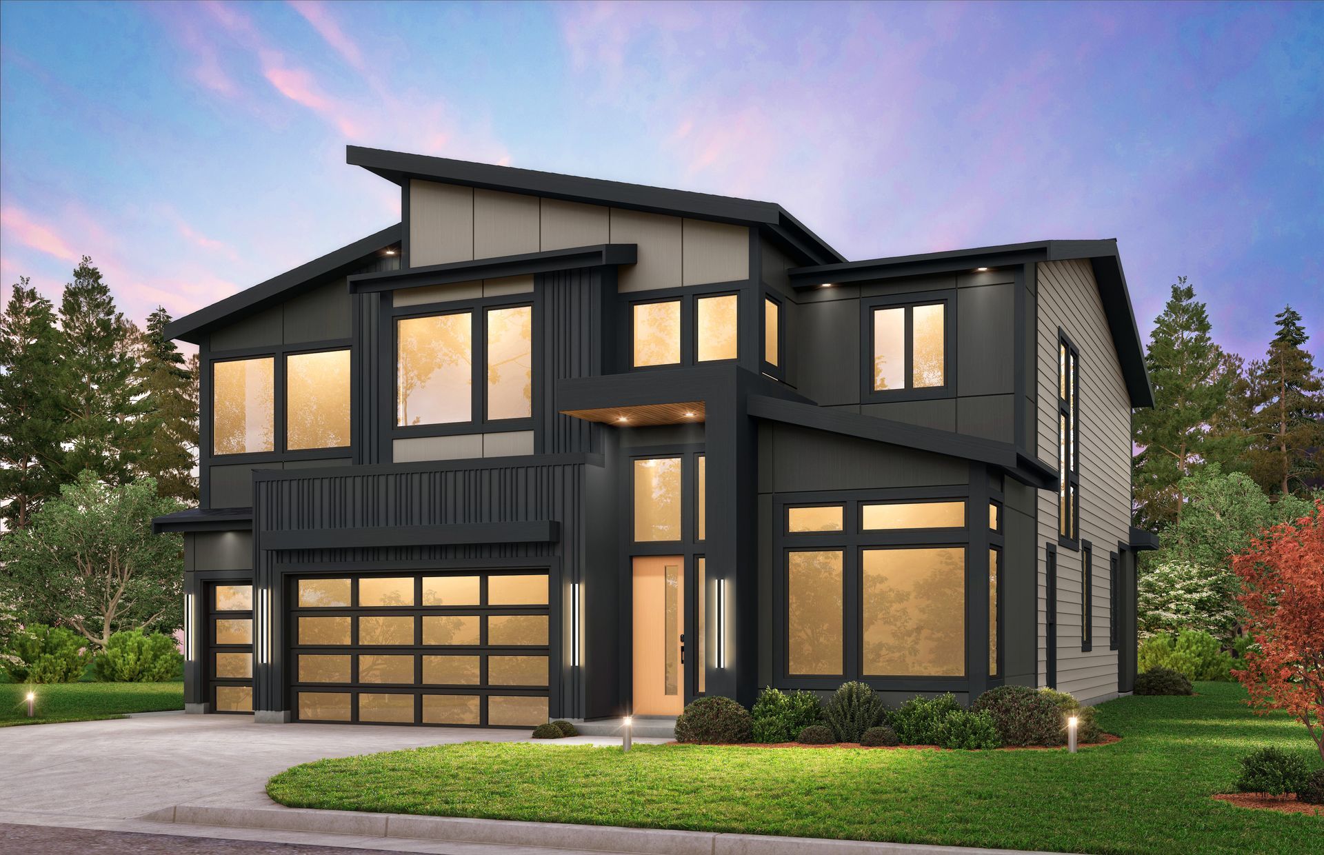 Modern two-story house with dark siding, large windows, and a garage at dusk