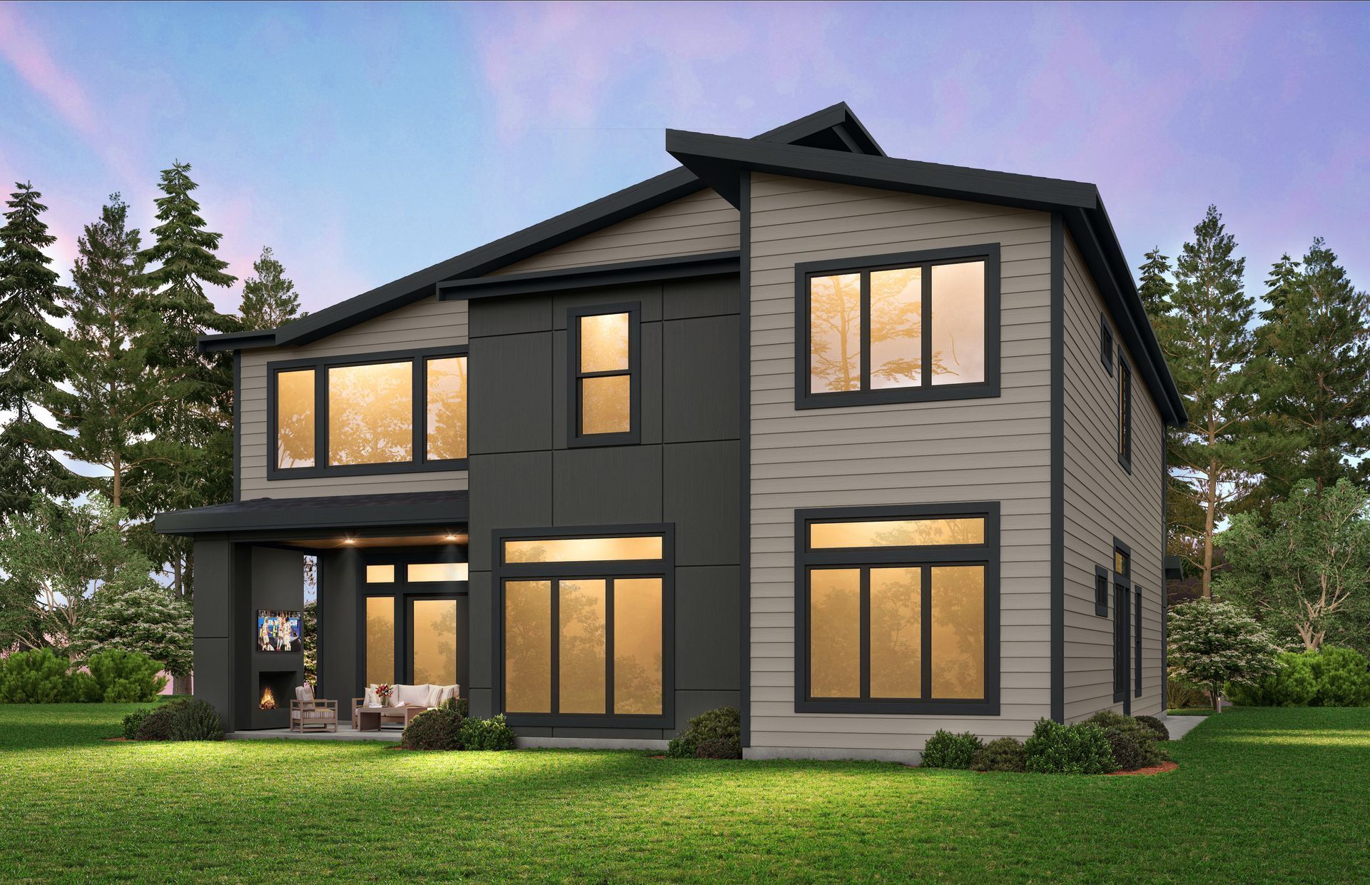 Modern two-story gray house with large windows and a front porch, surrounded by green lawn and trees