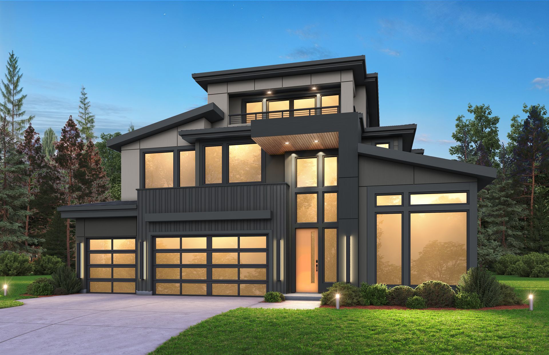 A modern two-story home with a dark exterior, glass garage doors, and large windows set against a forest at dusk.