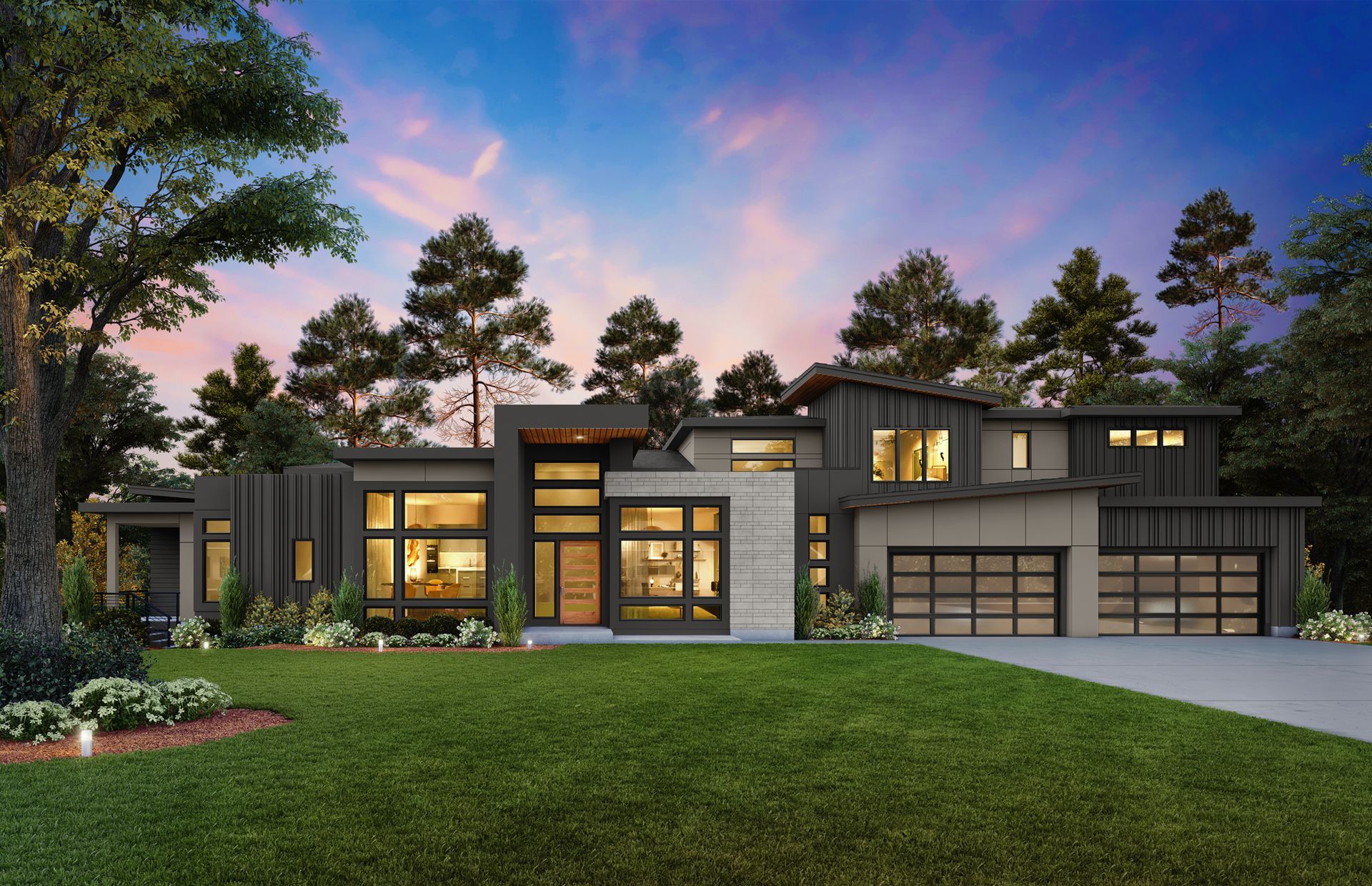 A large house with a lot of windows is sitting on top of a lush green field.