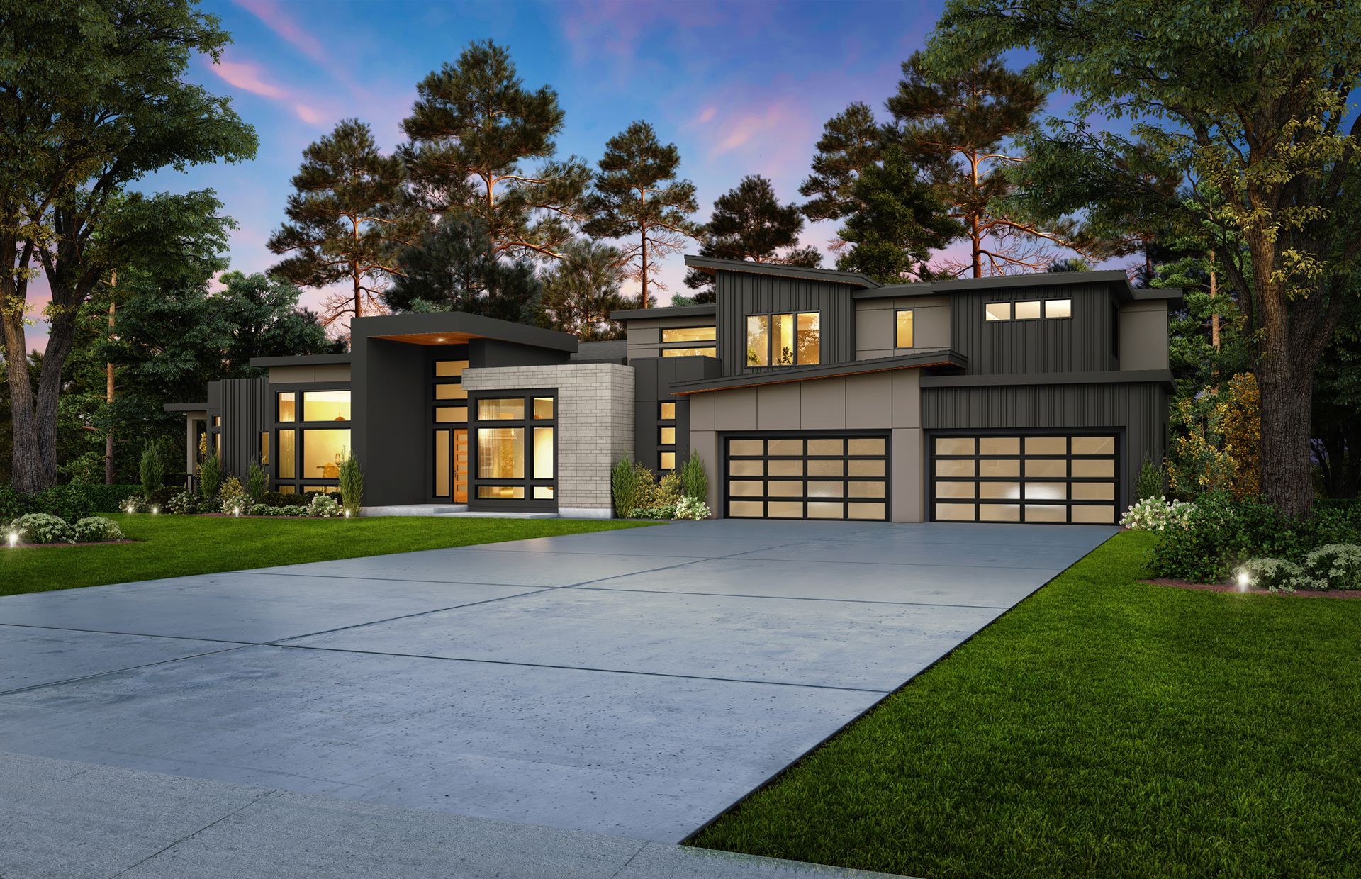 An rendering of a modern house with a large driveway