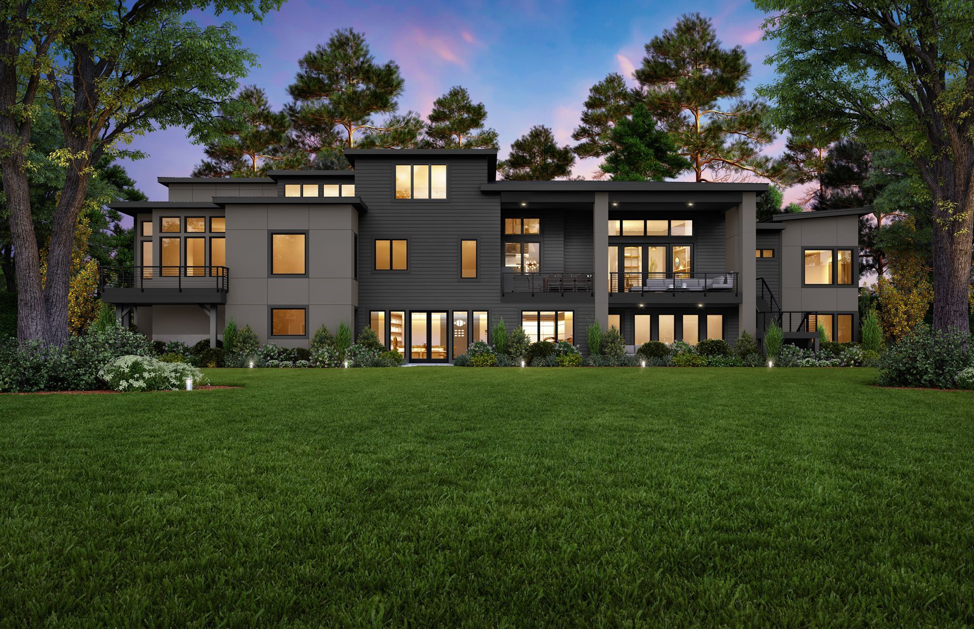 A rendering of a large house with lots of windows
