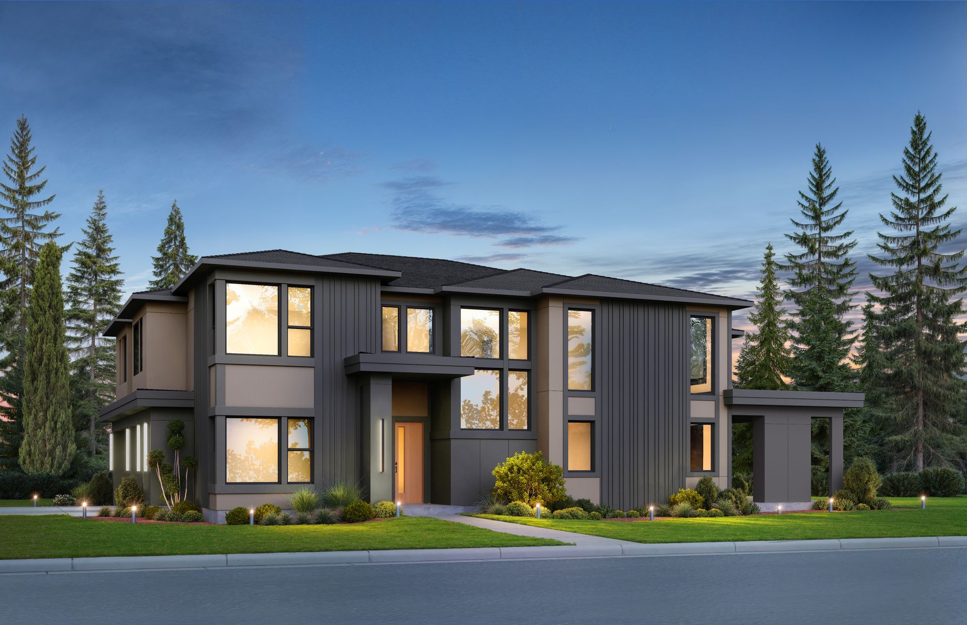Modern two-story gray house with lit windows, surrounded by trees at dusk