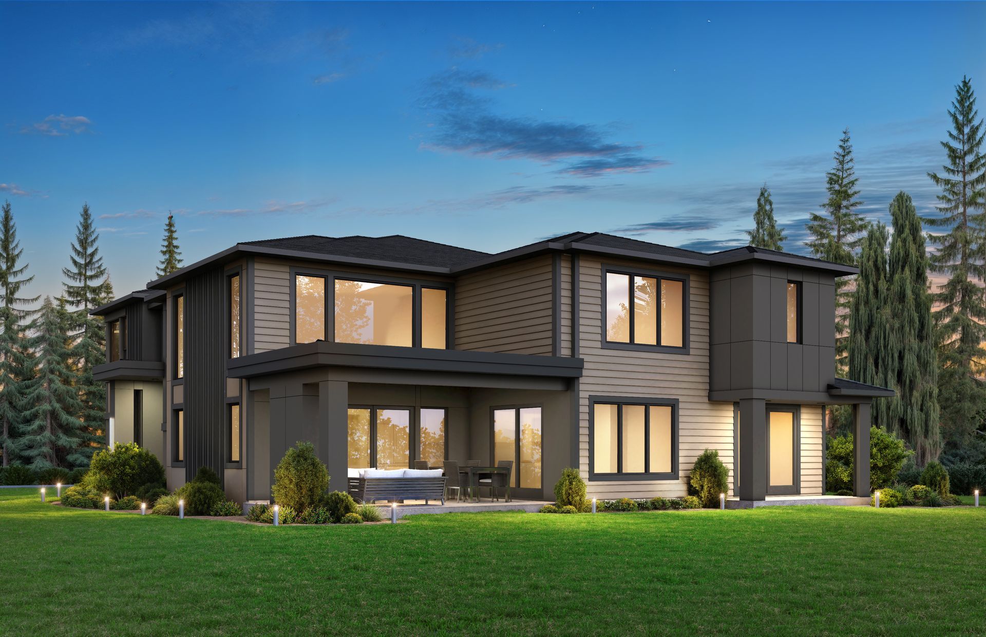 Modern two-story house with warm lit windows, dark exterior, and manicured lawn at dusk