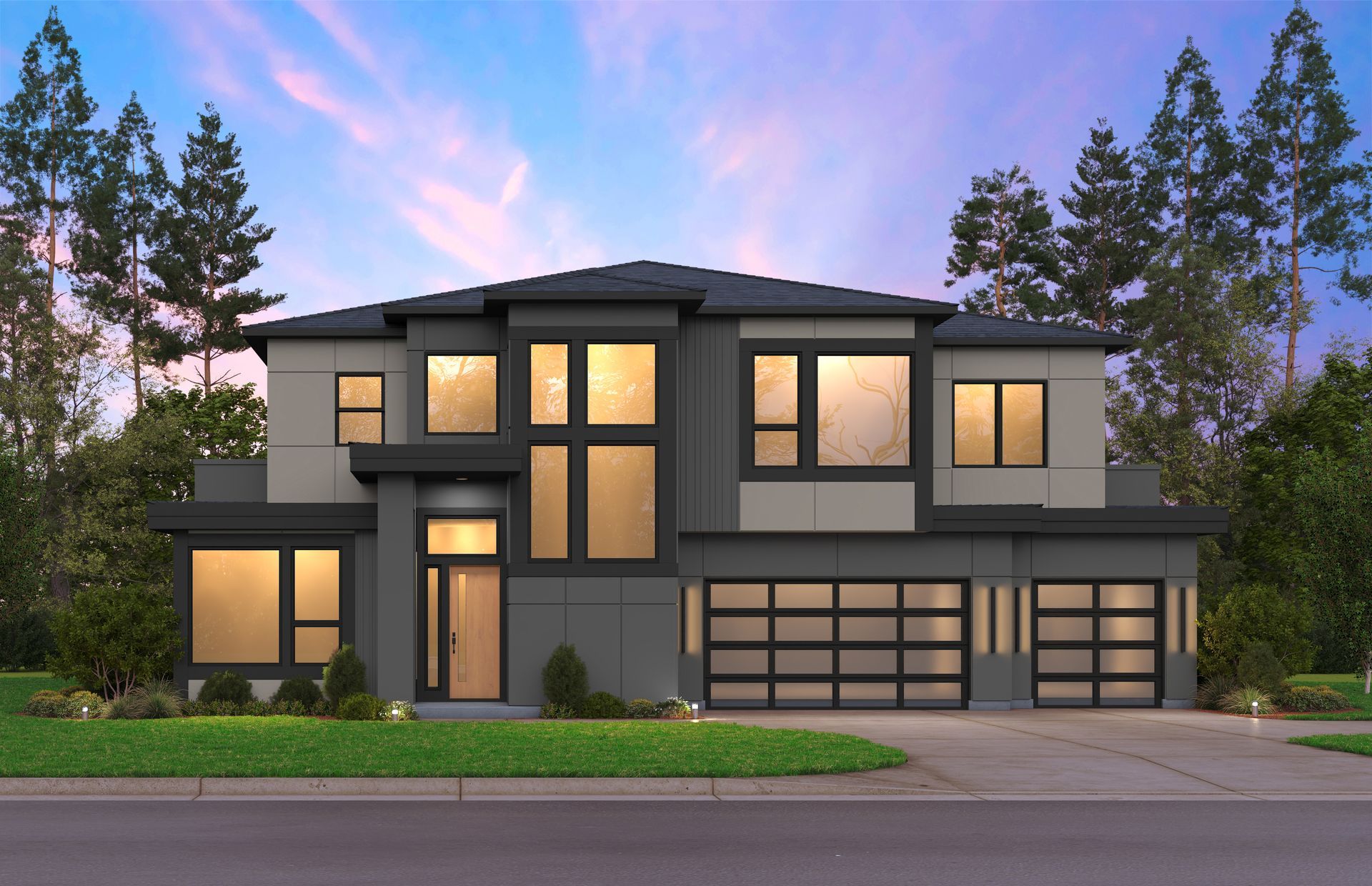Modern two-story house with gray and light beige exterior, large windows, and a three-car garage; set at dusk.