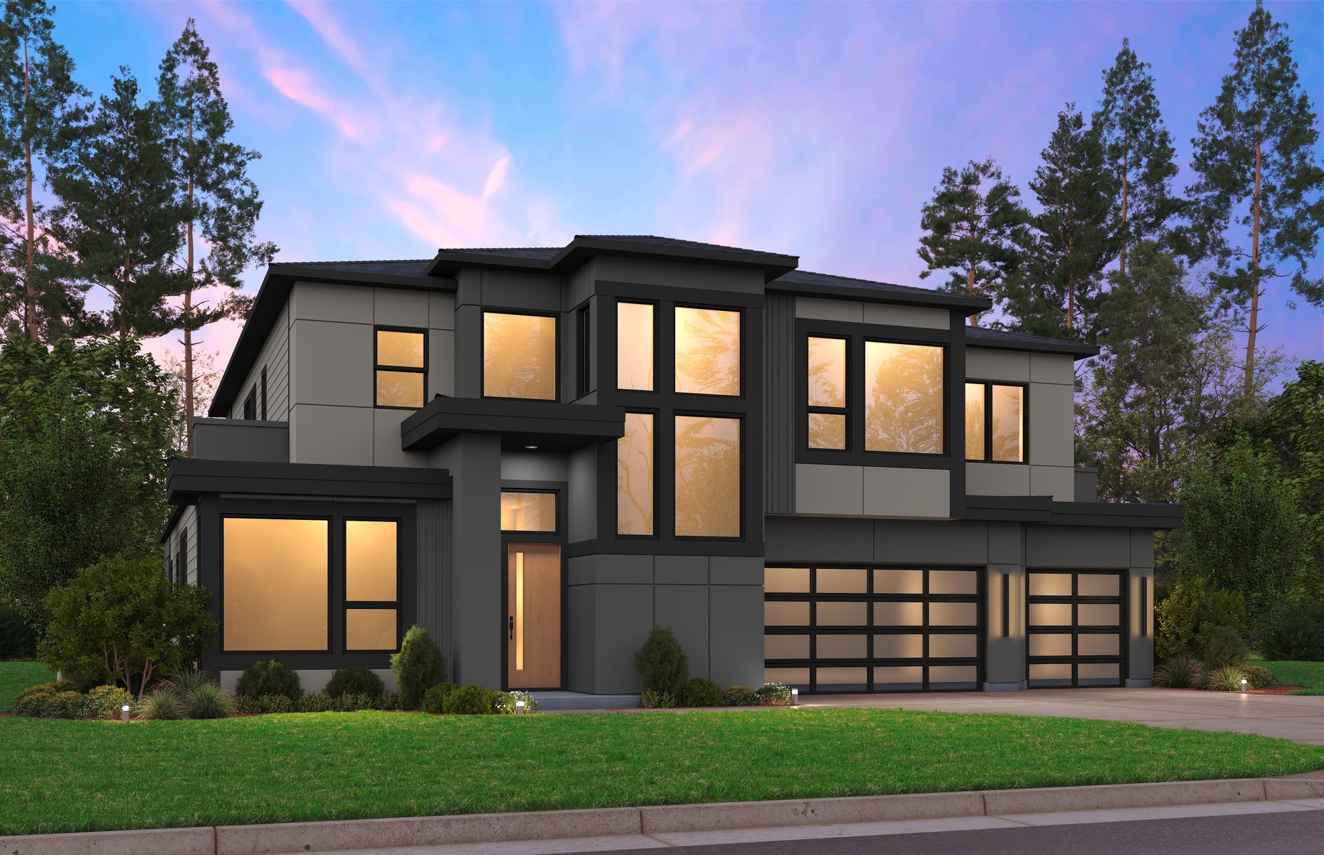 Modern two-story house with dark gray siding, large windows, and a three-car garage, set against a sunset sky.