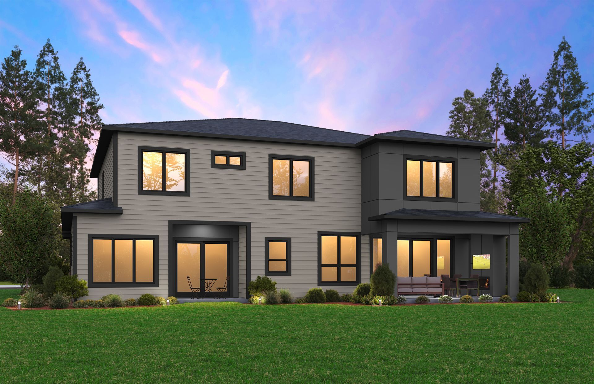 Two-story house with light siding, dark trim, large windows, and an outdoor patio under a dusk sky.