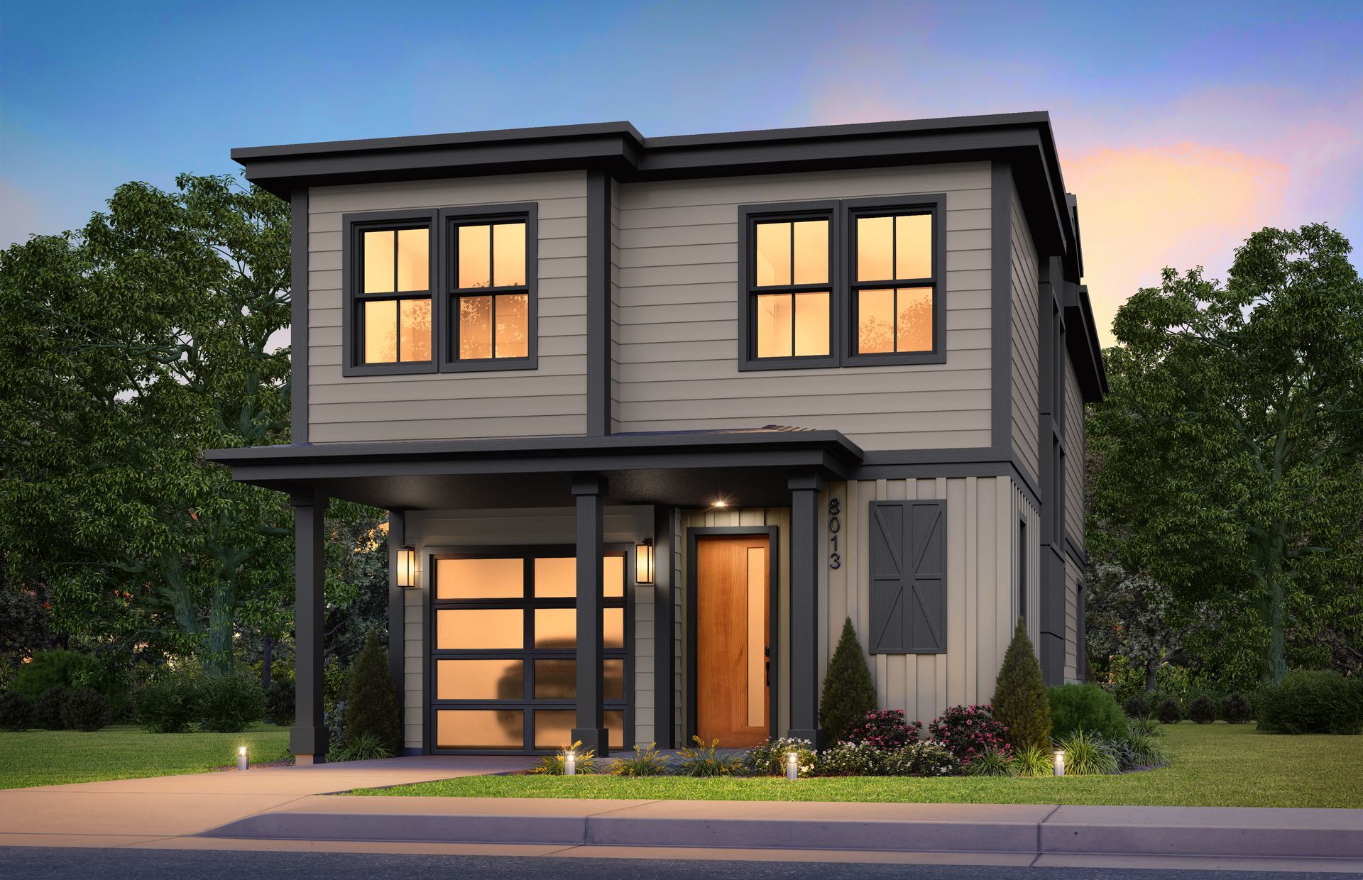 Modern two-story house with garage, gray siding, dark trim, and front porch. Dusk setting.