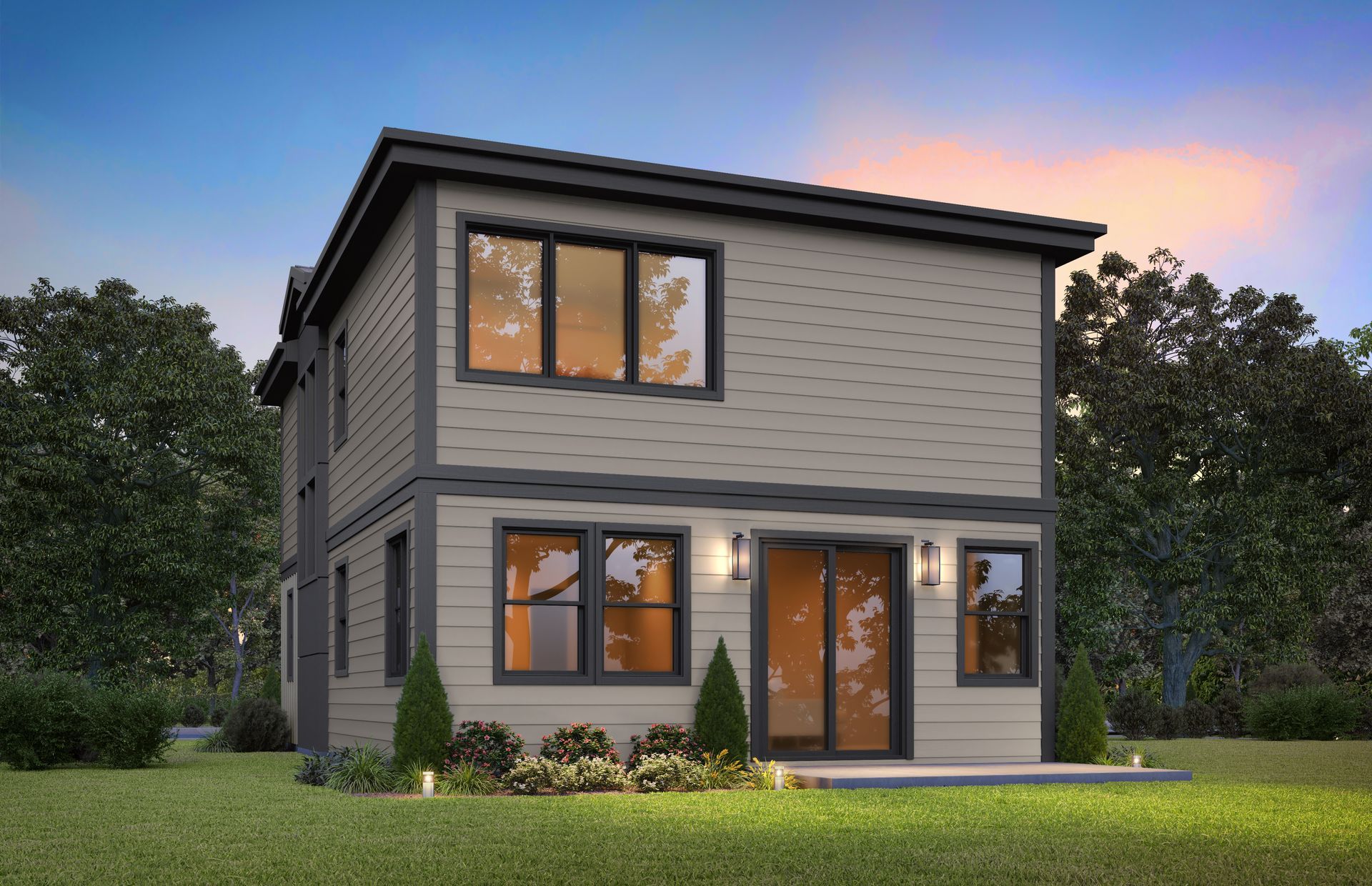 Two-story modern house with gray siding, dark trim, and large windows in a grassy yard at dusk.