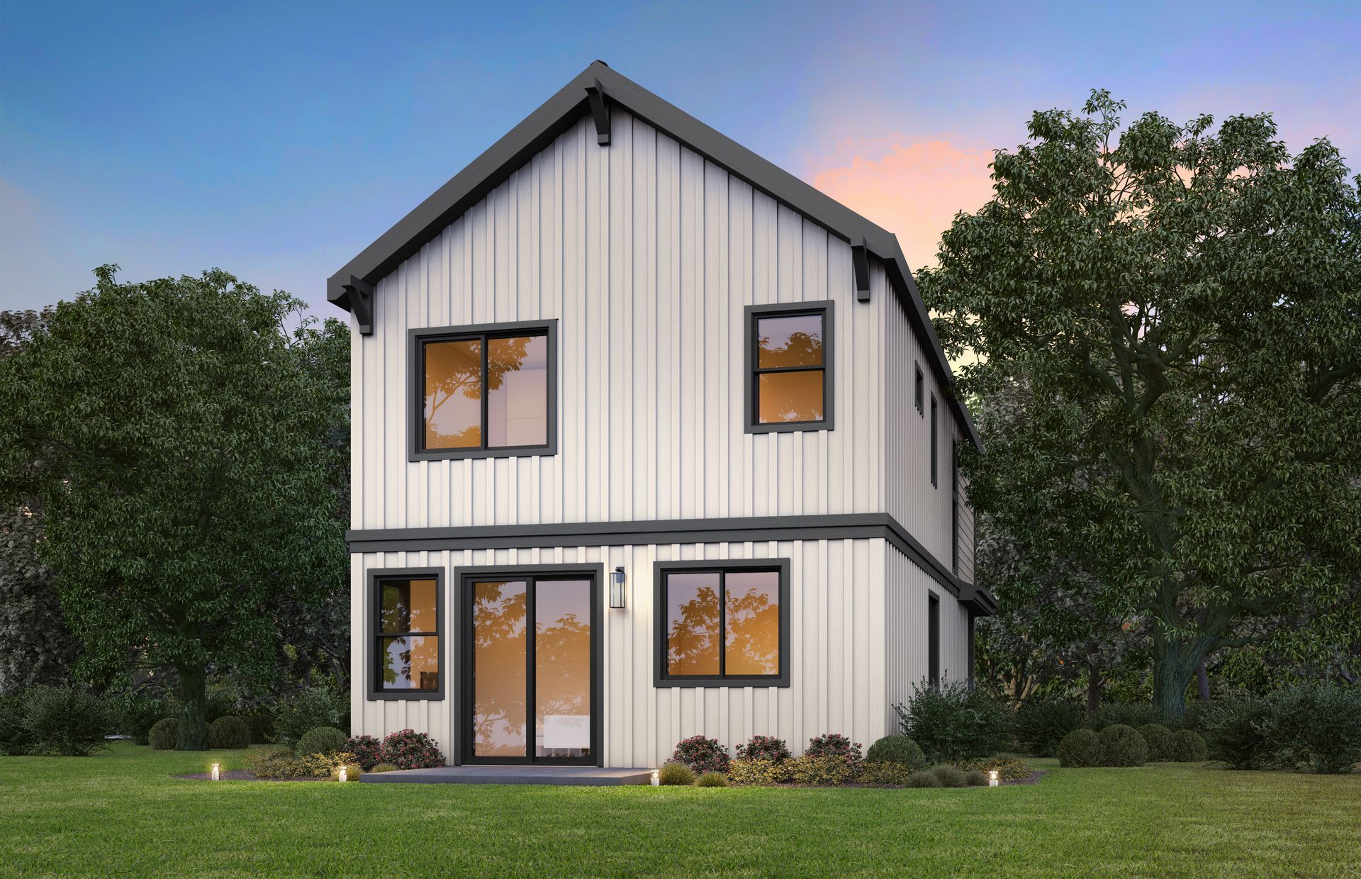 Two-story modern farmhouse with white siding, dark trim, and large windows, set in a grassy yard with trees.