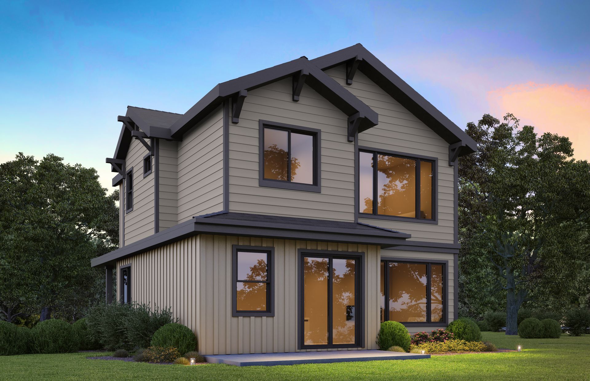 Two-story house with tan siding, dark gray roof, and large windows, set in a grassy yard with trees.