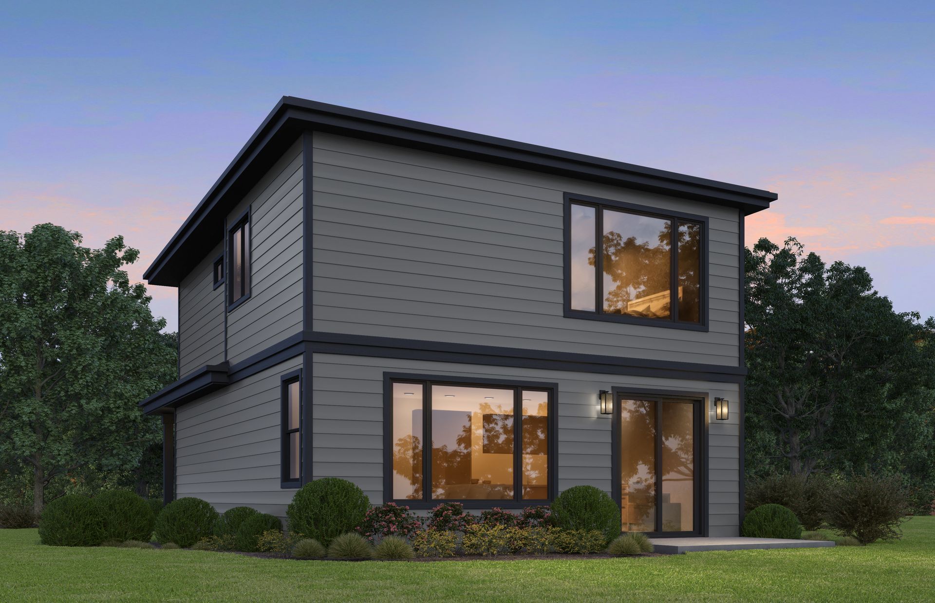 A rendering of a house with a garage and a lot of windows.