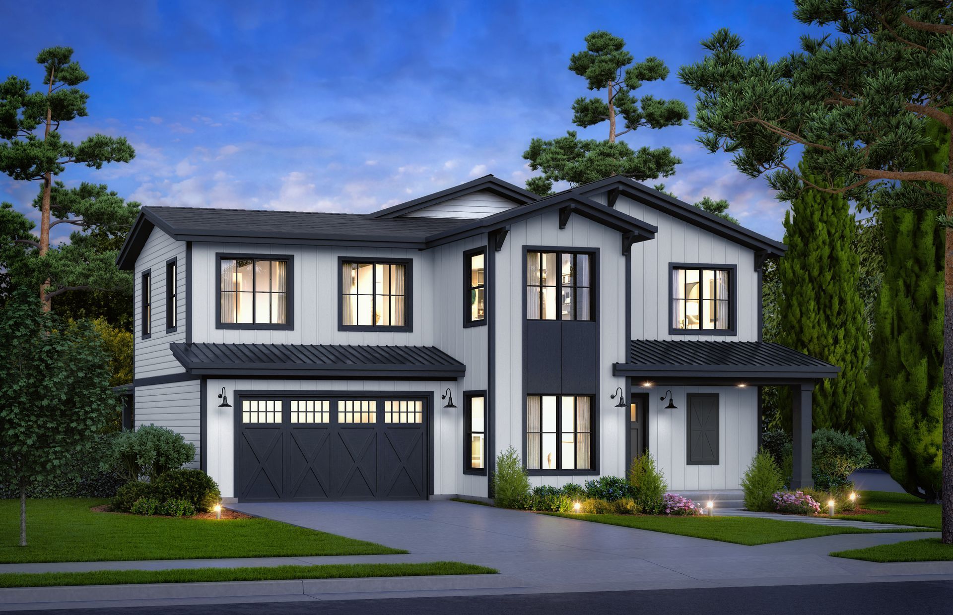 An artist 's impression of a white and black house with a black garage door.