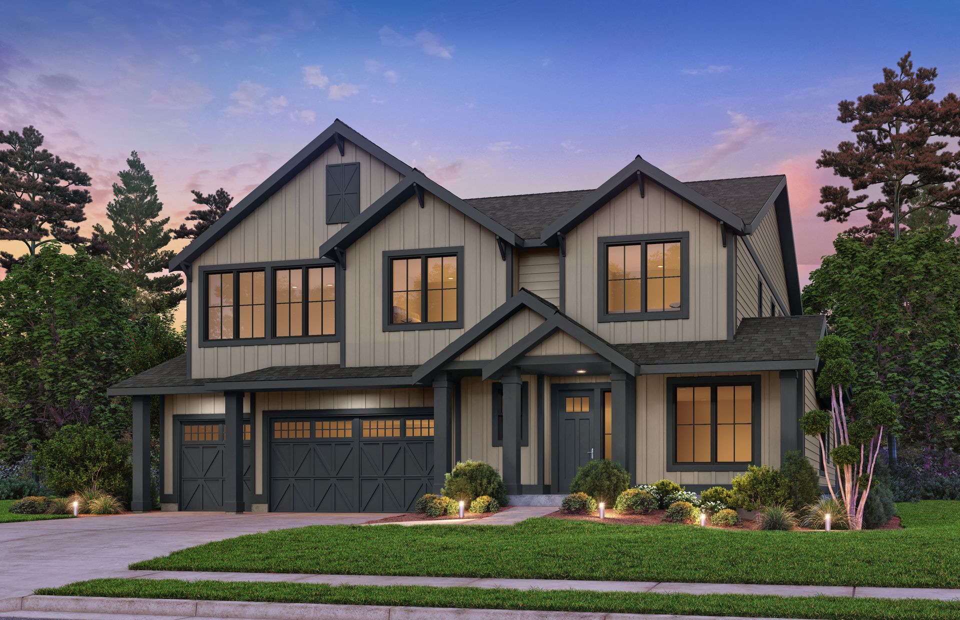 A large house with two garages and a lot of windows is sitting on top of a lush green lawn.
