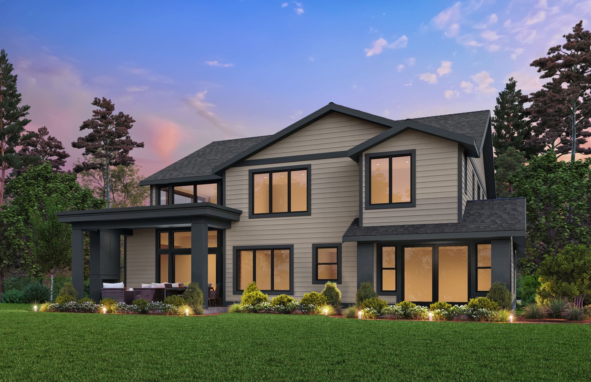 A large house with a lot of windows is sitting on top of a lush green field.