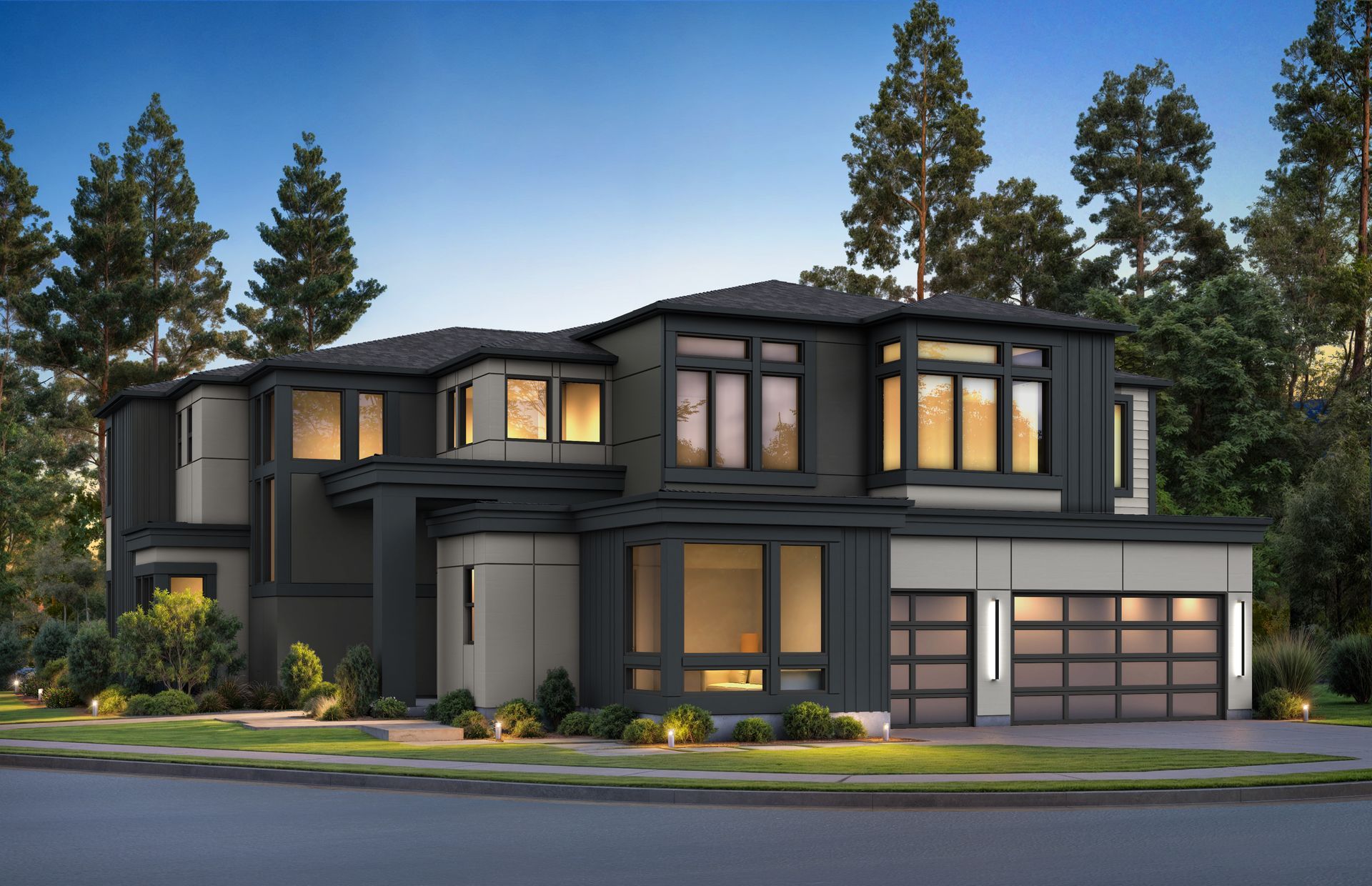 An artist 's impression of a large house with a lot of windows and a garage.