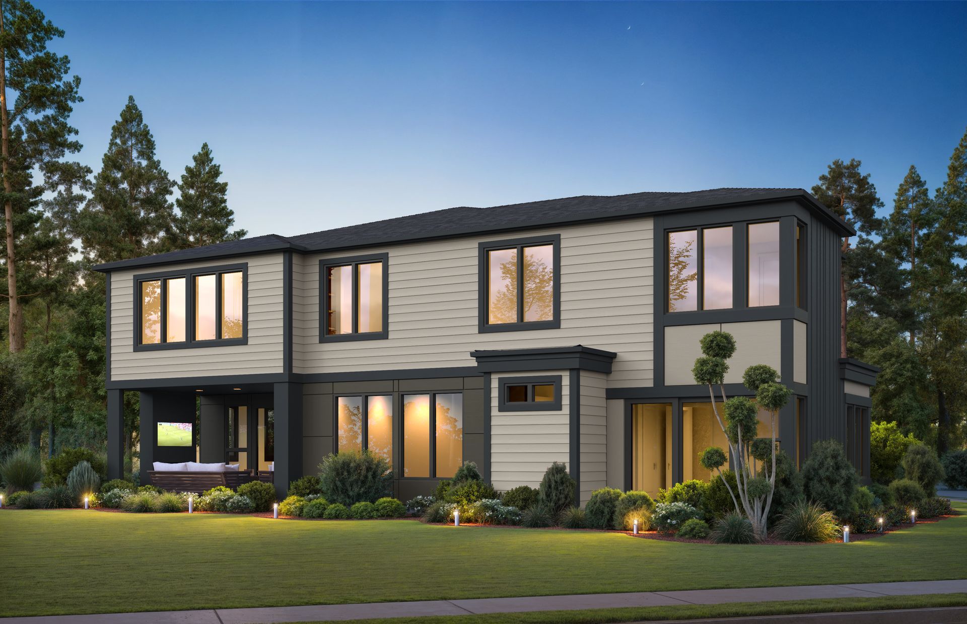 An artist 's impression of a large house with a lot of windows and a garage.