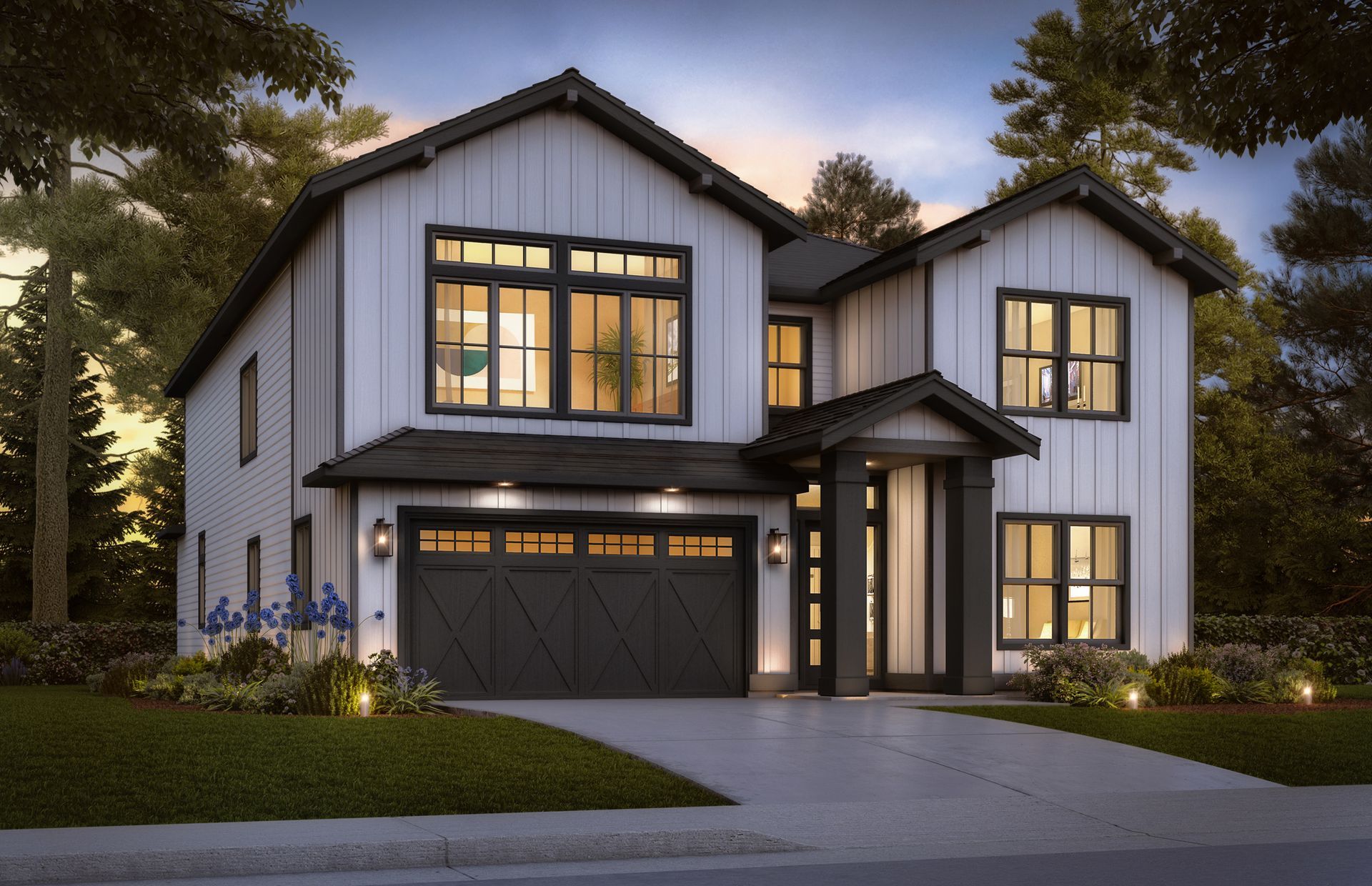 A white house with black trim and a black garage door