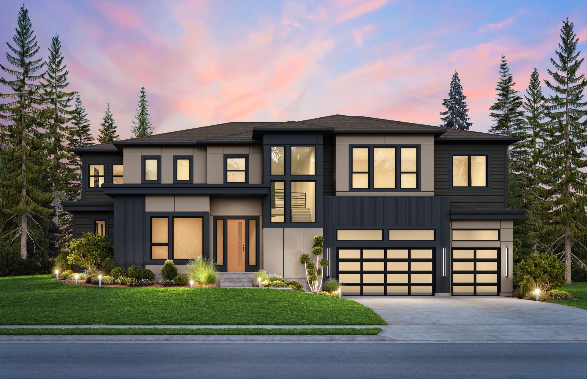 Modern two-story house with gray and tan exterior, black-framed windows, and a two-car garage at dusk.
