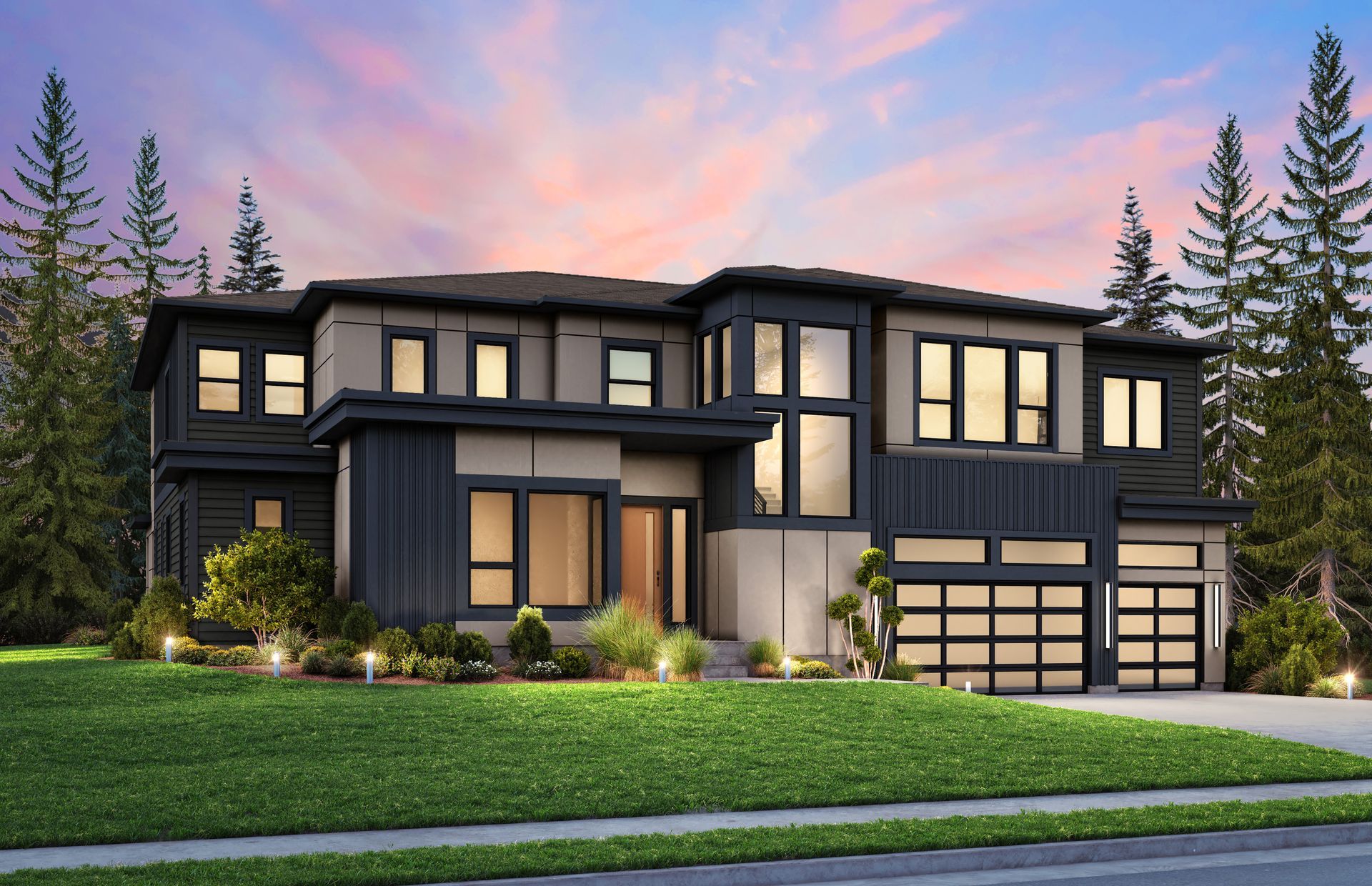Modern two-story house with dark siding, large windows, and a manicured lawn under a colorful sunset sky.