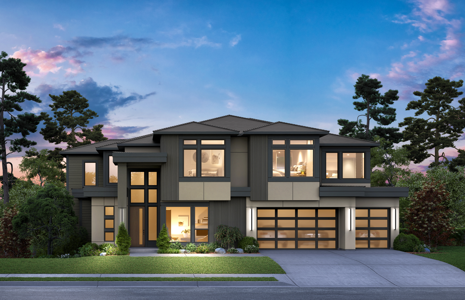 An artist 's impression of a modern house with a large garage.