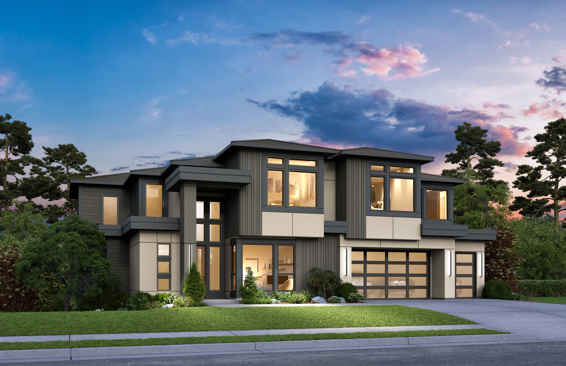 An artist 's impression of a modern house with a lot of windows.