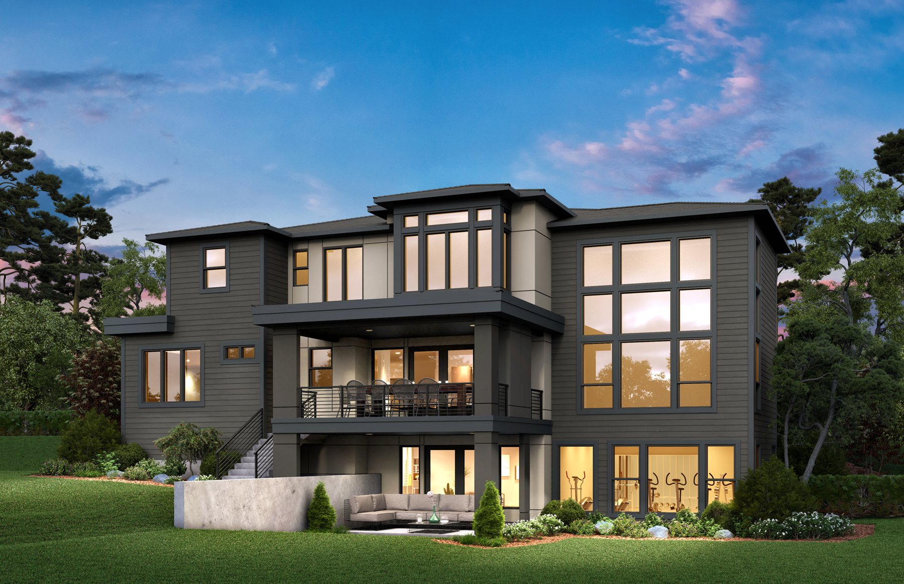 A large house with a lot of windows is sitting on top of a hill.
