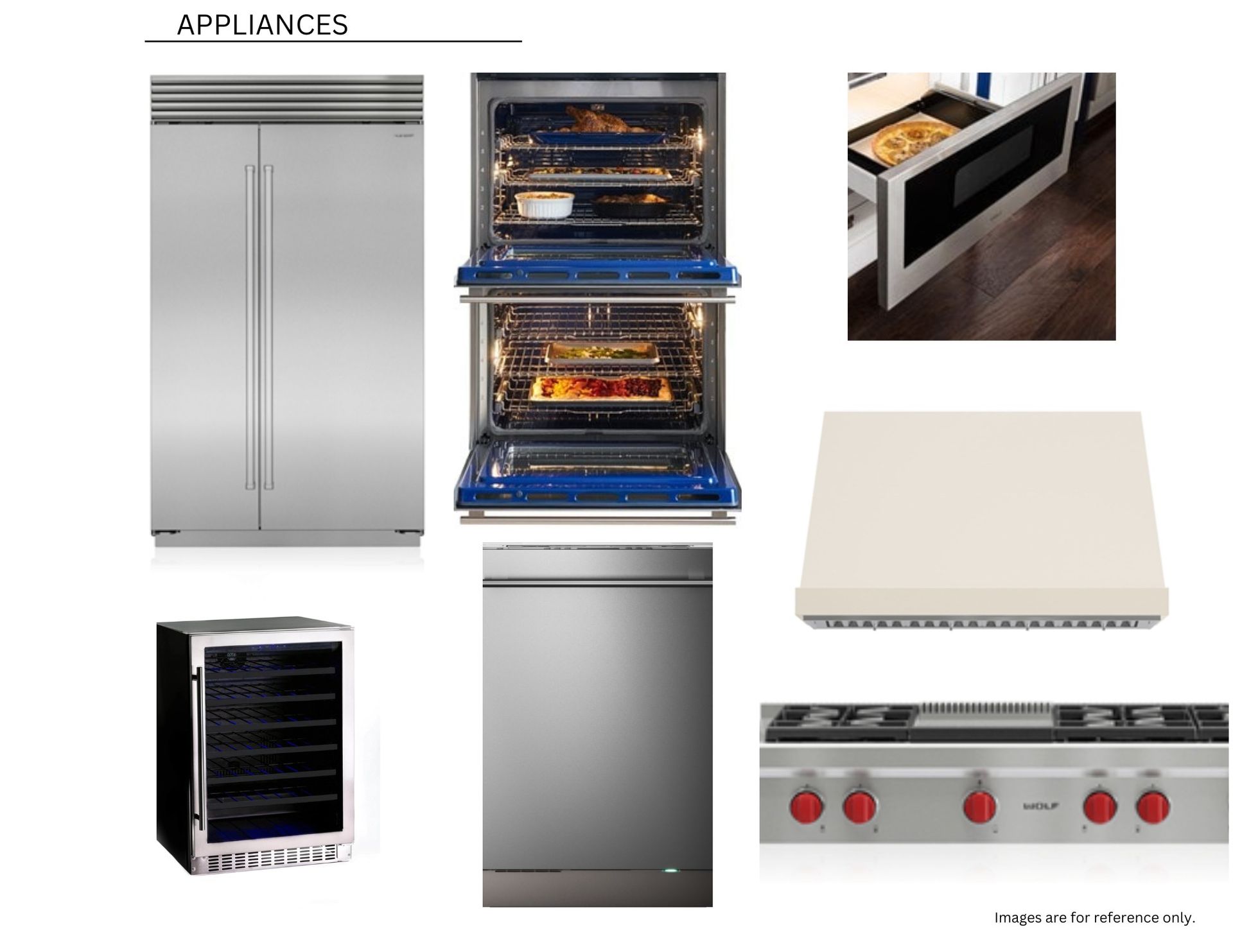 A variety of kitchen appliances are shown on a white background