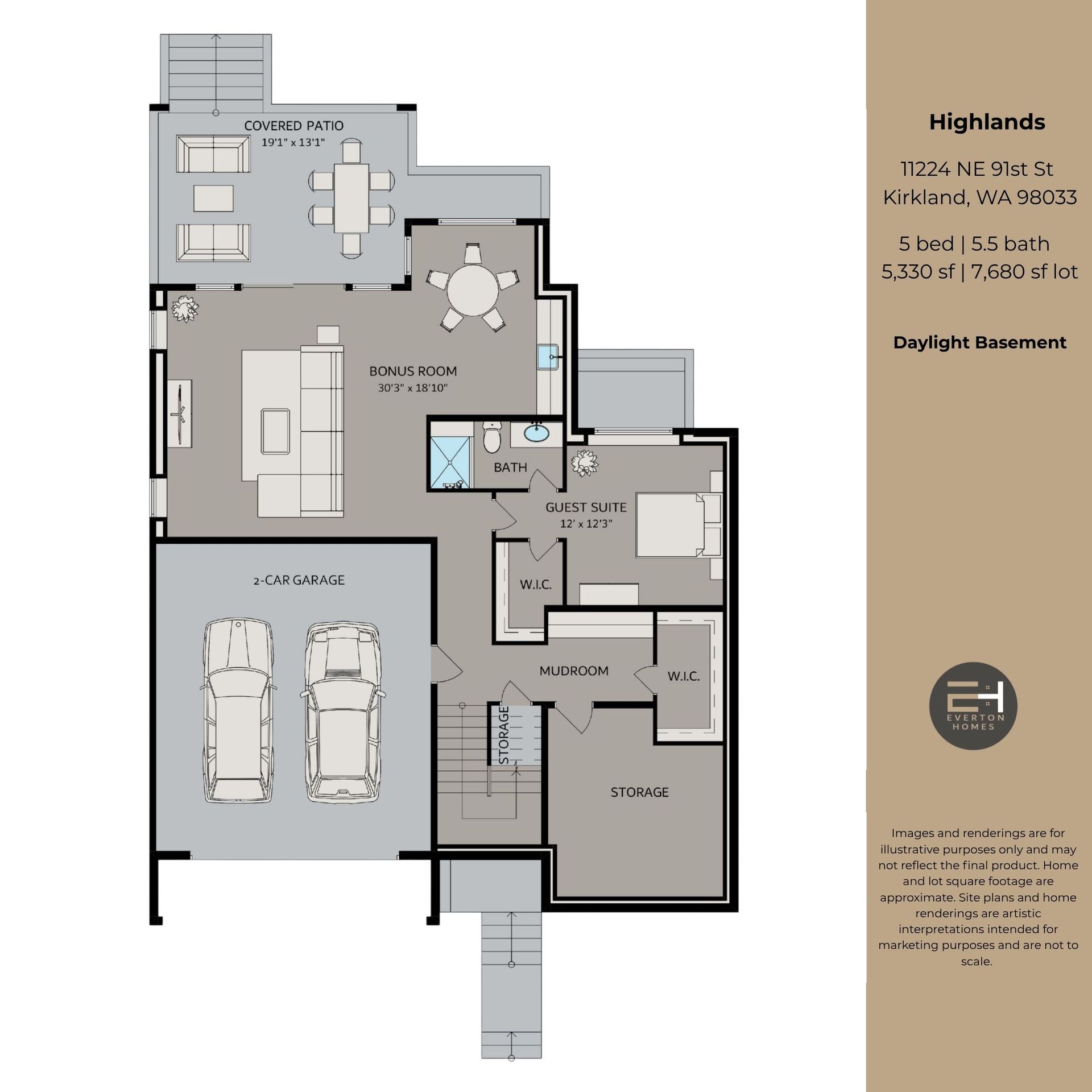 Floor plan of a house with labeled rooms, garage, stairs, and patio in a gray-and-beige layout.
