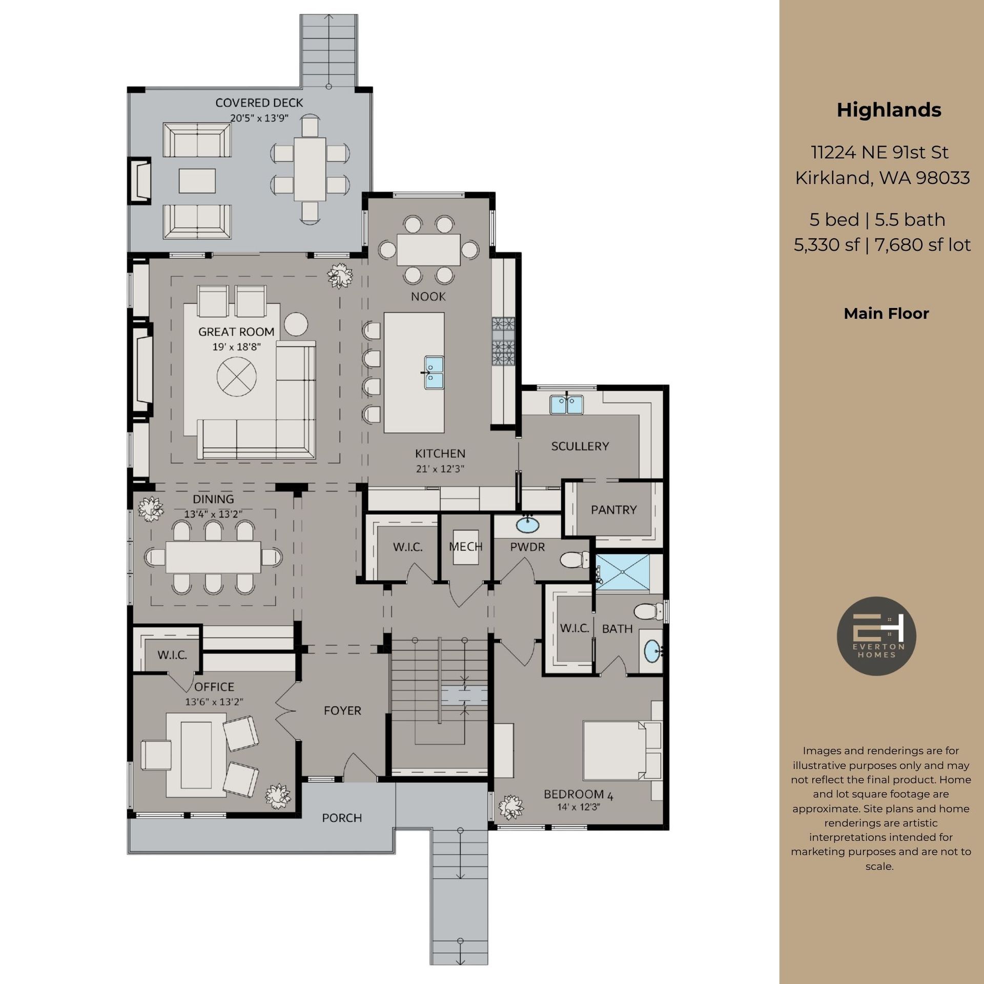 Floor plan of a house layout labeled “Highlands,” showing rooms, furniture, and a garage.