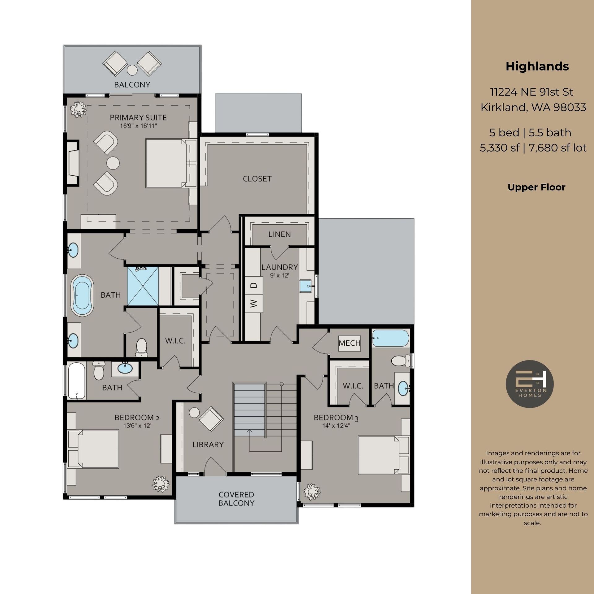 Floor plan of a Highlands home in Kirkland, WA. Upper floor layout with bedrooms, bathrooms, and living spaces.