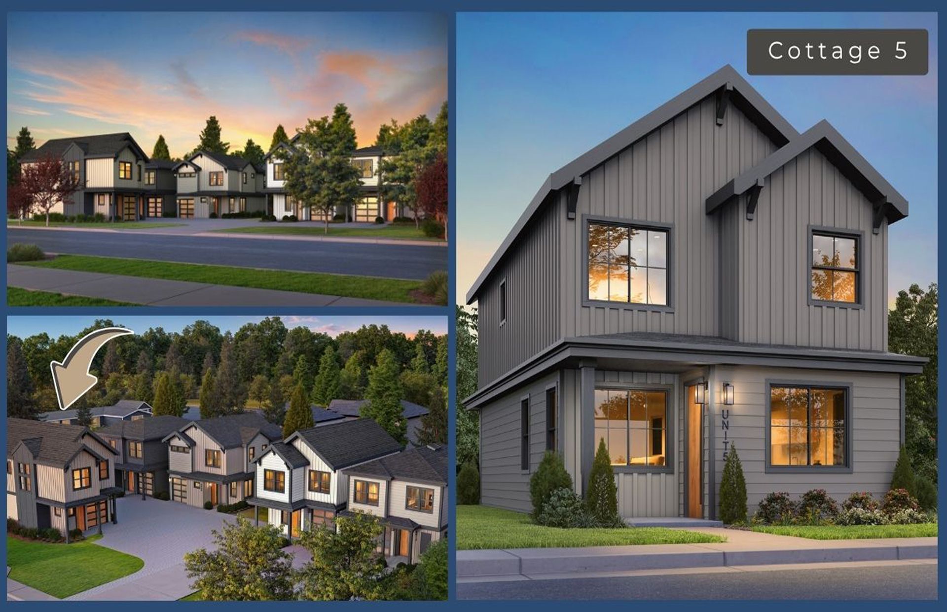 Three architectural renderings of modern gray townhouses: views from the street, a cluster, and a close-up of Cottage 5.