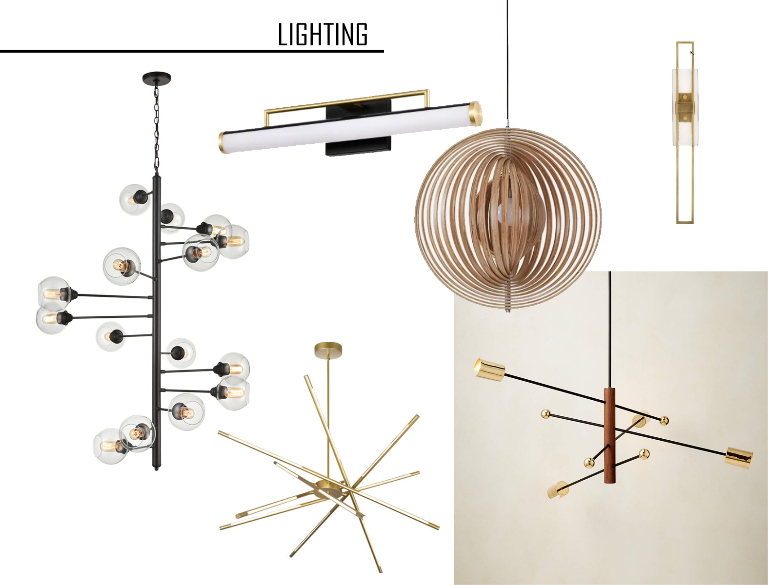 A collage of different types of lighting fixtures on a white background