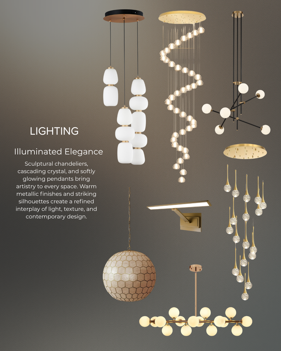 Collage of modern hanging pendant lights and chandeliers in white and gold on a dark background