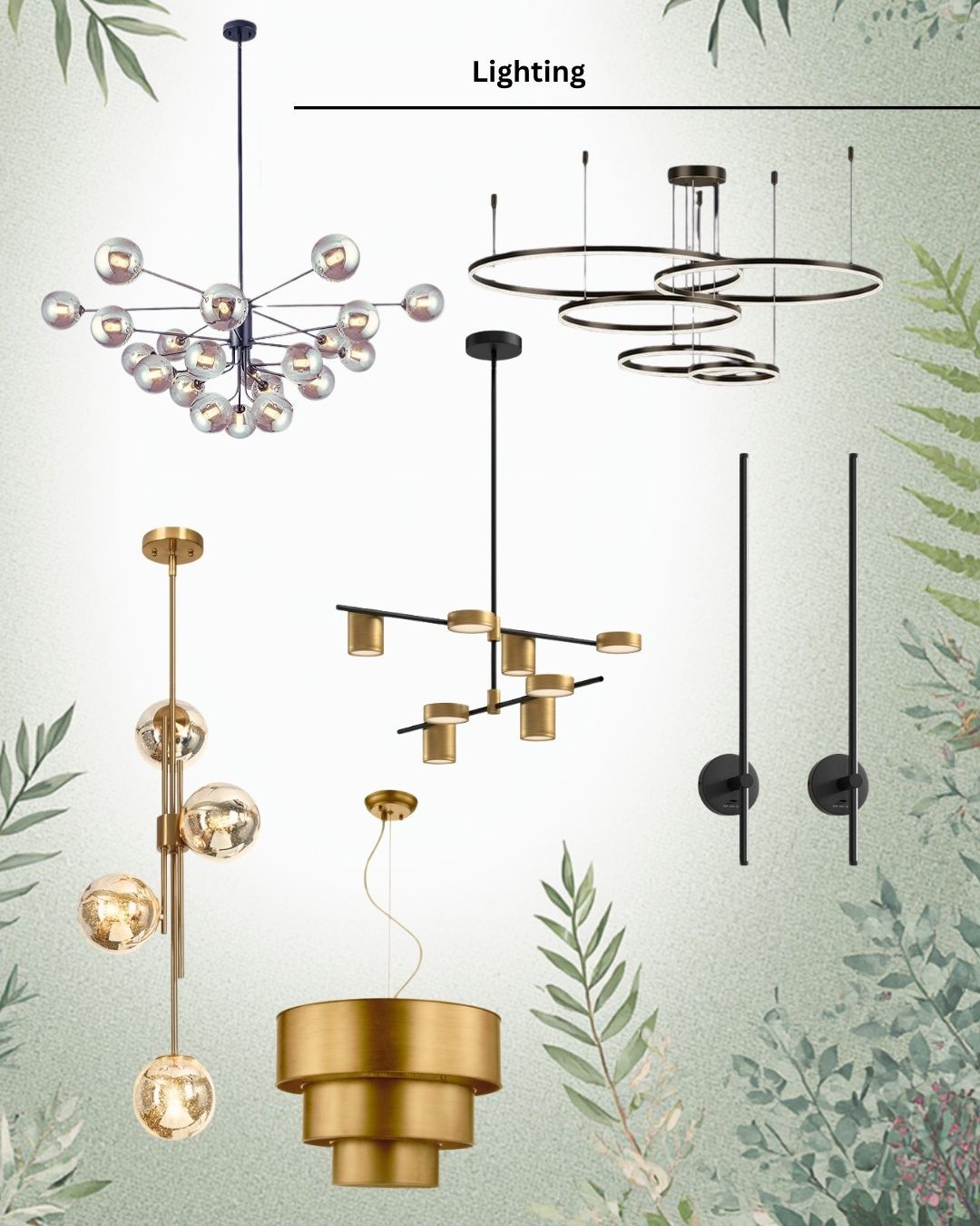Modern lighting fixtures on a pale background, including chandeliers, pendants, and wall sconces