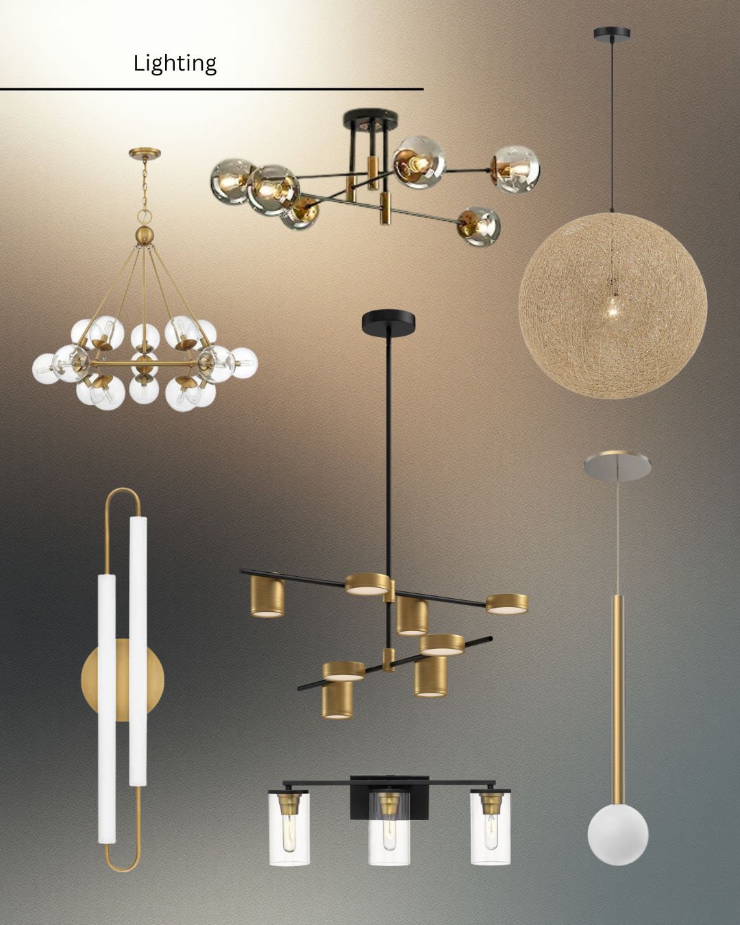 Collection of modern light fixtures, including chandeliers, pendant lights, and wall sconces.