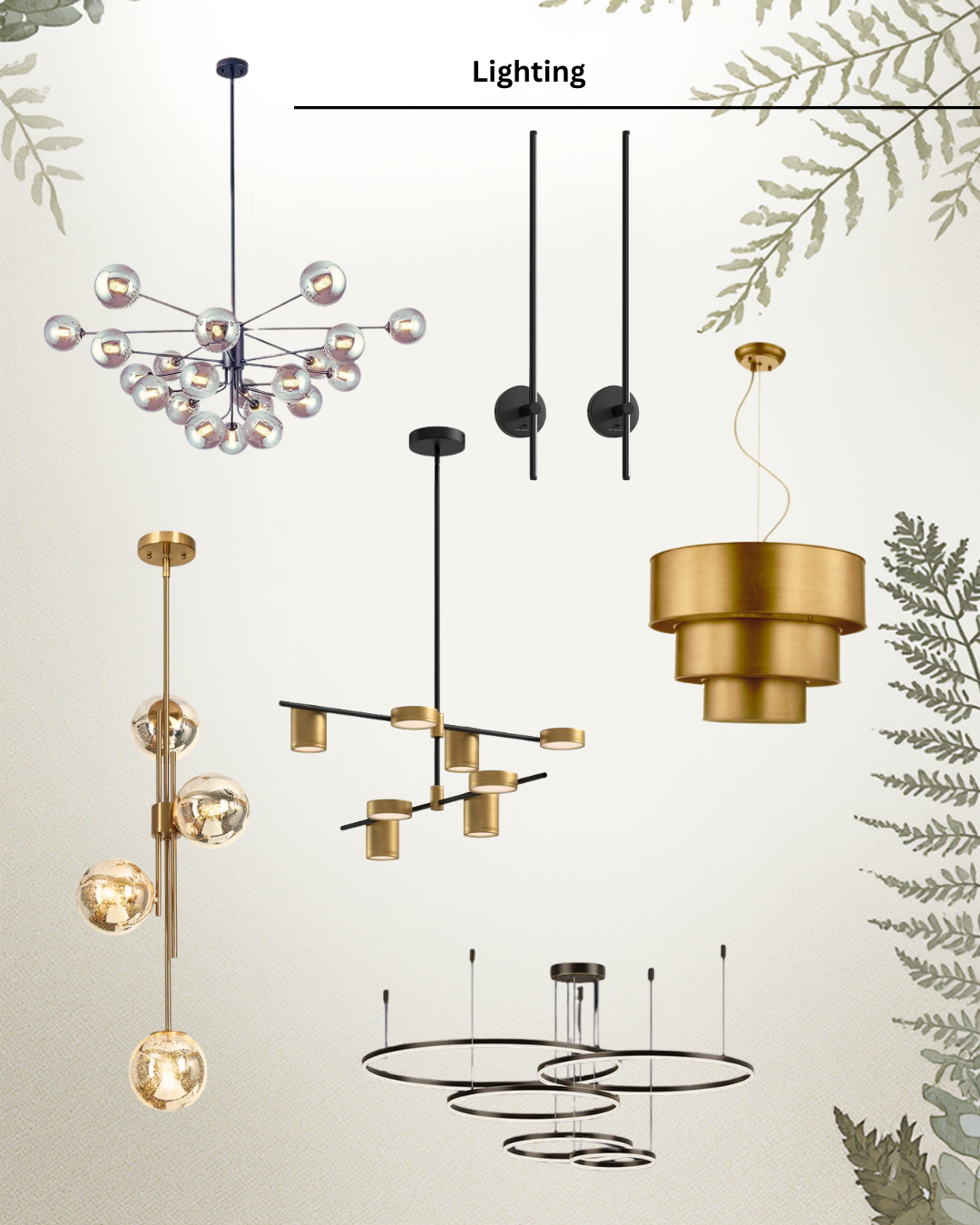 Collection of modern lighting fixtures in various shapes and designs.