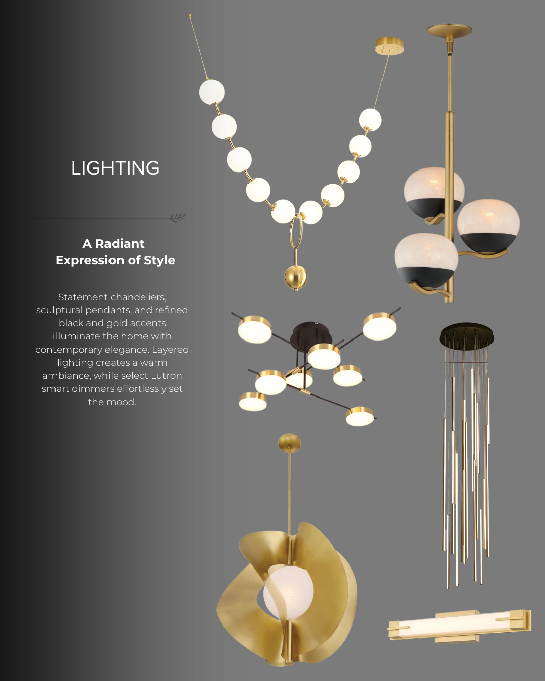 Lighting design collage showing modern gold and white pendant lights on a dark gray background