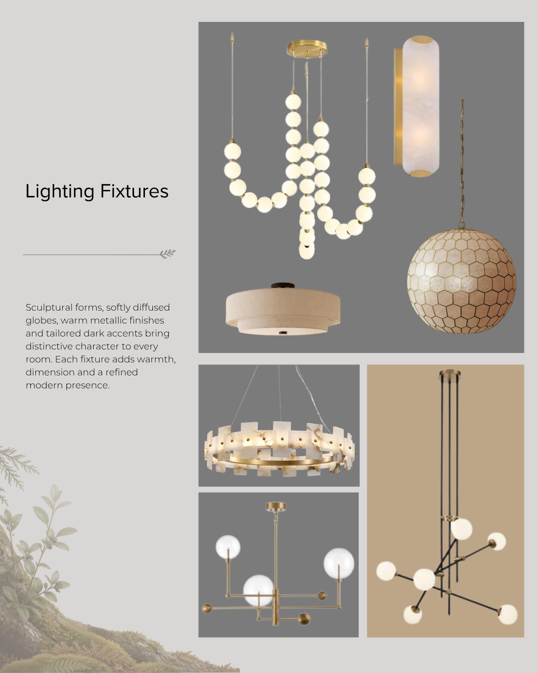 Collage of modern pendant and chandelier lighting fixtures in gold, white, and beige on gray background
