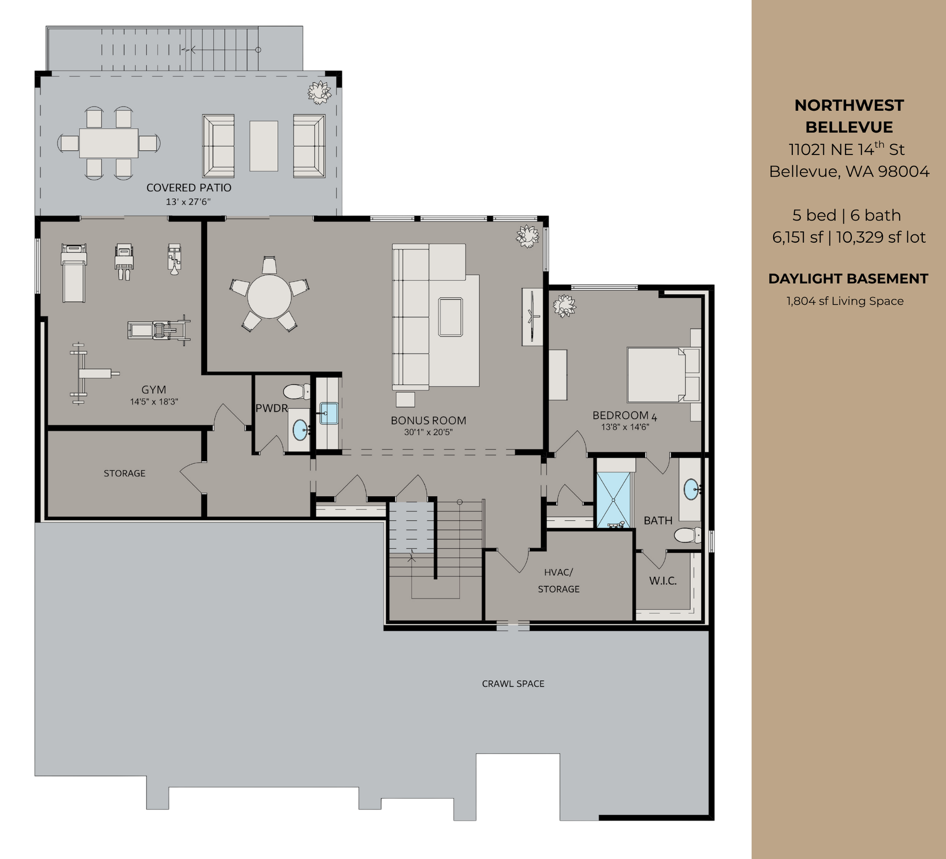 Floor plan of a residence featuring a garage, living areas, bedroom, bathroom, gym, storage, and an outdoor patio.