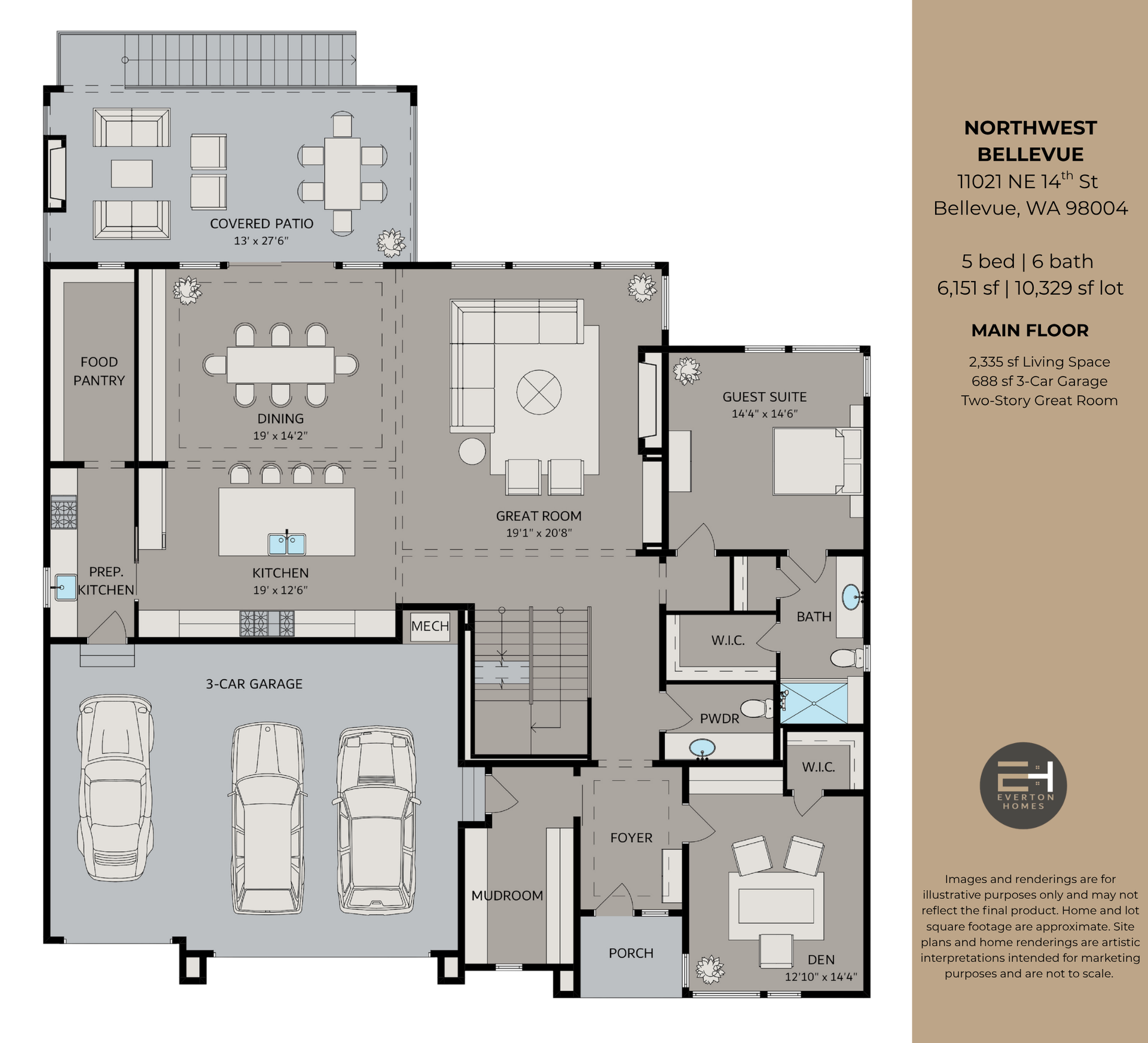 A floor plan for a house in Northwest Bellevue, showing the layout of the main floor, including a garage, kitchen, and rooms.