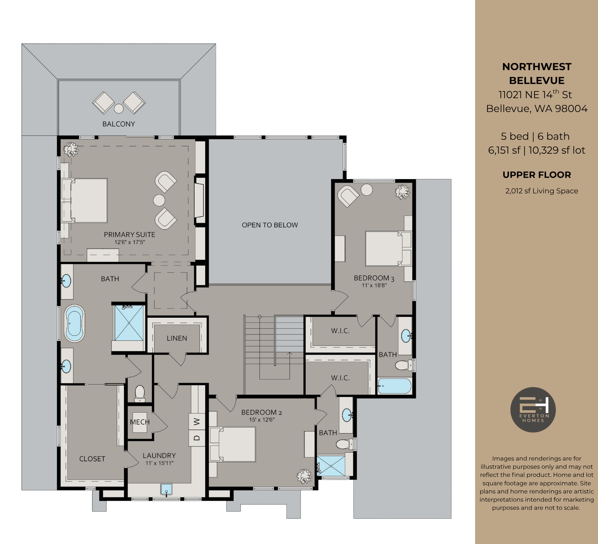 Floor plan of an upper level with four bedrooms, bathrooms, a laundry room, and a deck, labeled for Northwest Bellevue.