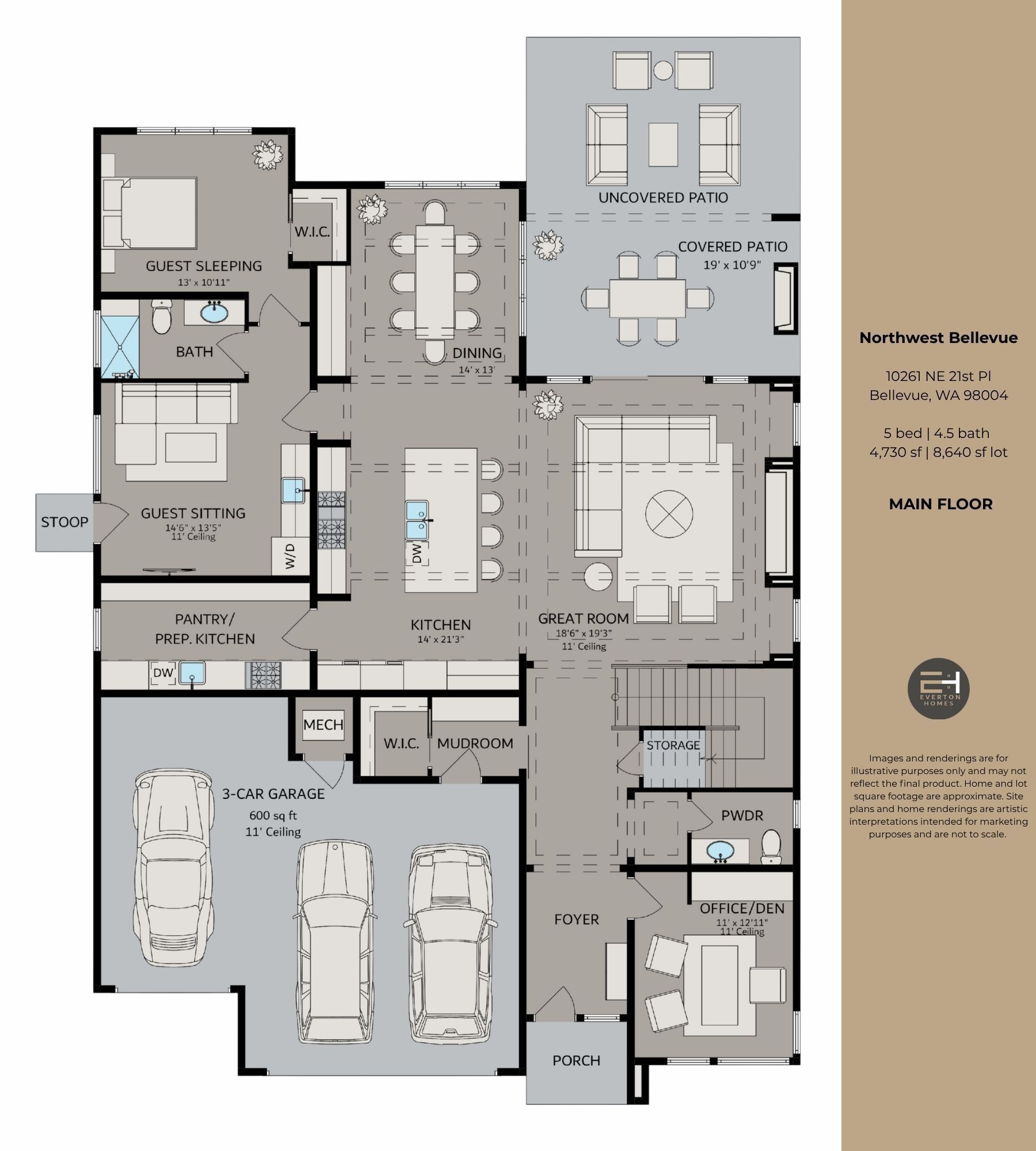 Floor plan of a house with labeled rooms, garage, kitchen, dining, living areas, and patio.