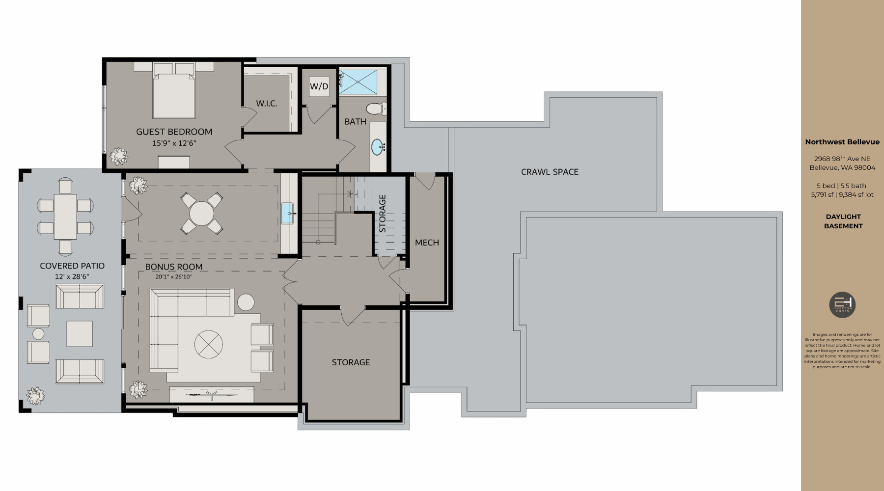 Residential floor plan with labeled rooms and large deck area on the right