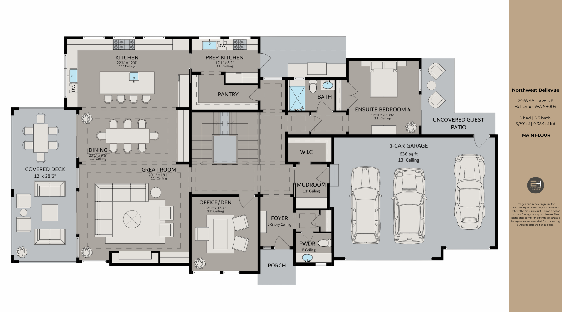 Detailed house floor plan with rooms, kitchen, bathrooms, and three-car garage.