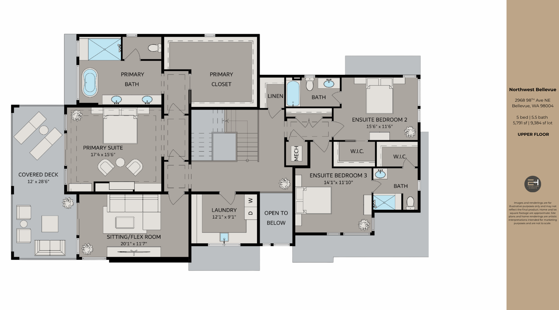 Upper floor plan with labeled rooms, gray walls, and a beige legend panel on the right