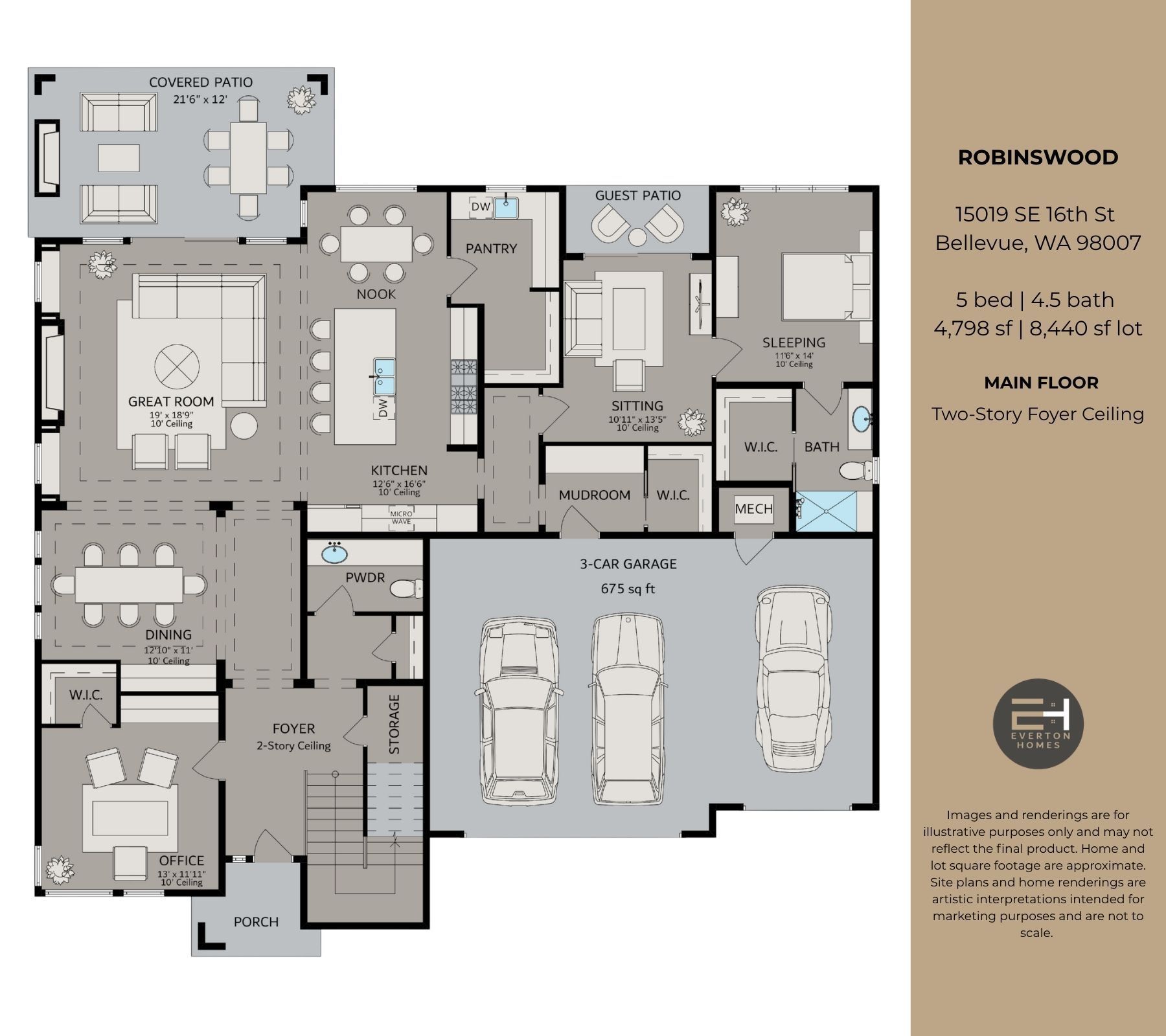 House floor plan with labeled rooms, garage, kitchen, bedrooms, and bathrooms on a beige background